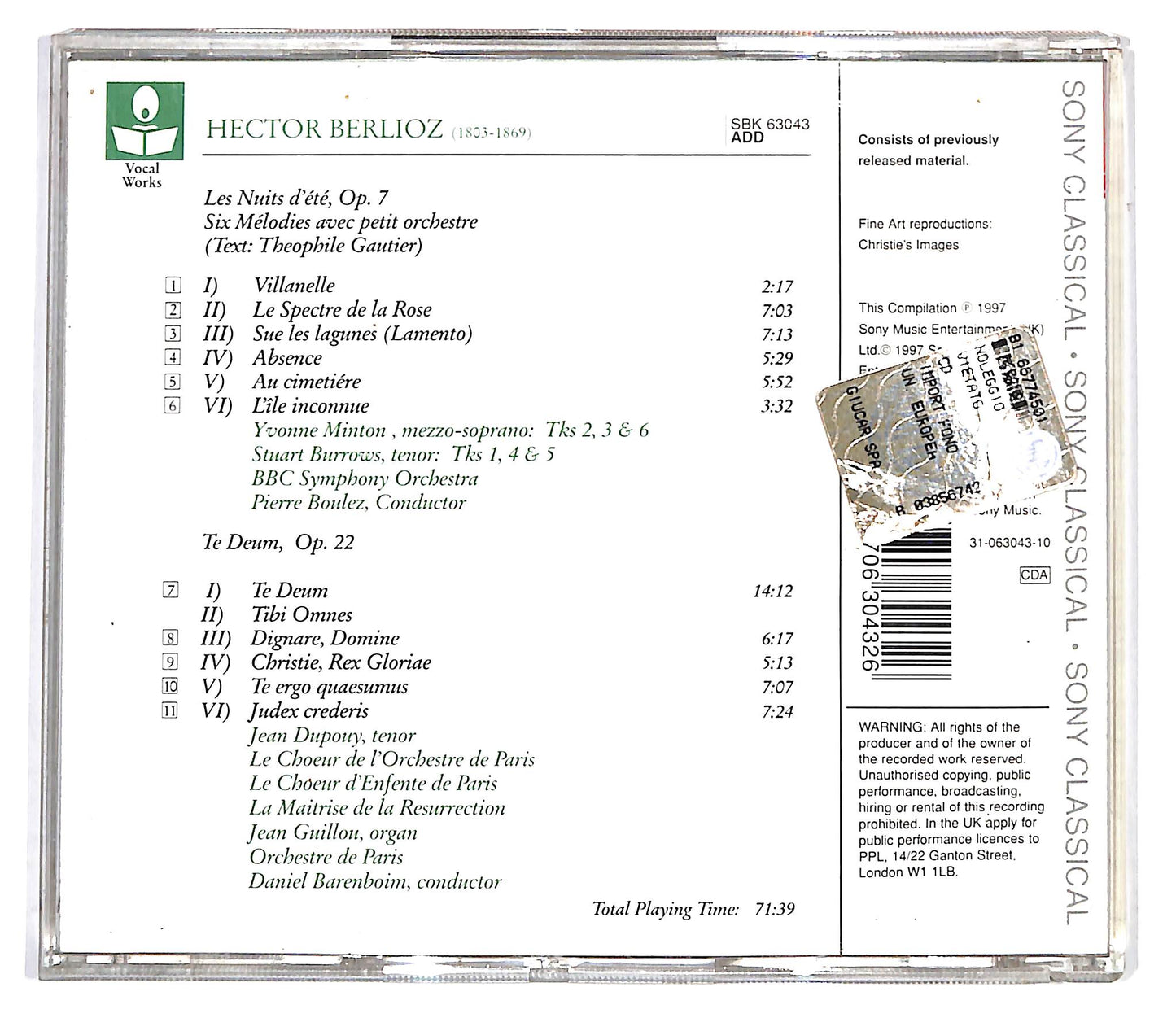 EBOND Berlioz - Les Nuits D'ete, te deum CD CD099955