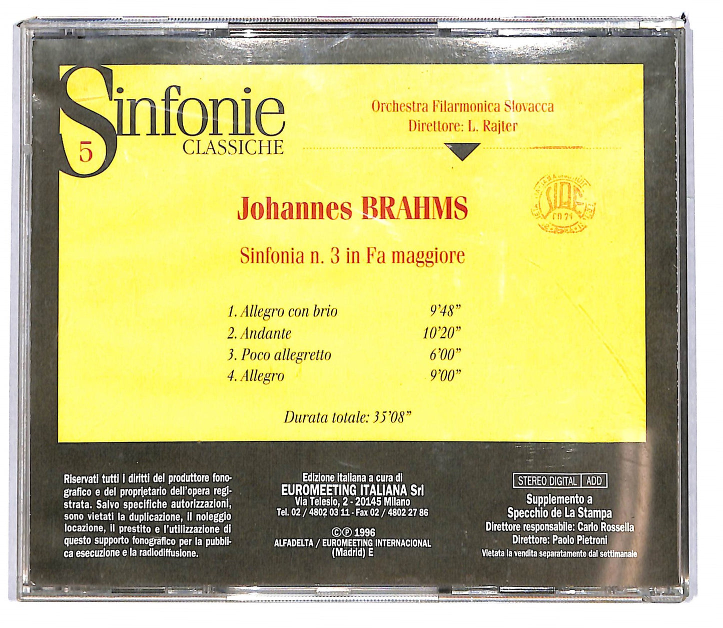 EBOND Sinfonie Classiche Brahms-sinfonia n.3 Fa maggiore EDITORIALE CD CD103621