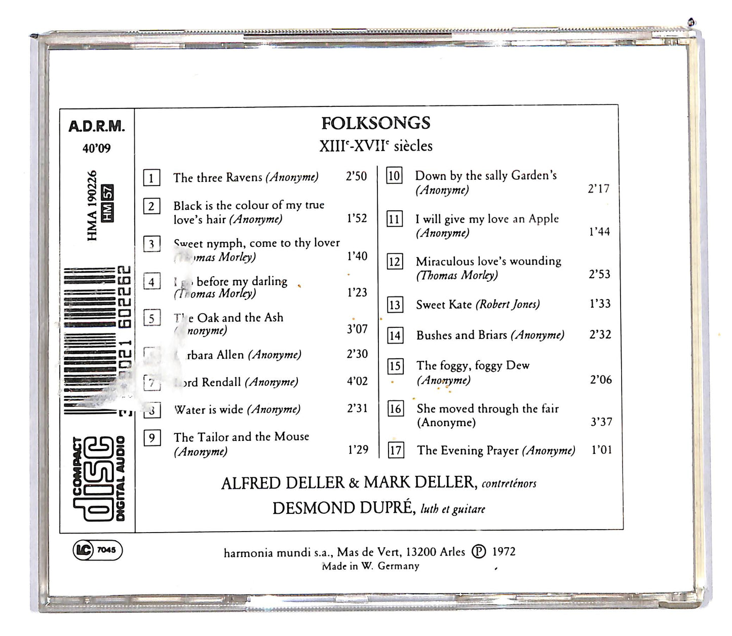 EBOND Alfred & Mark Deller , Desmond Dupre - Folksongs CD CD103824