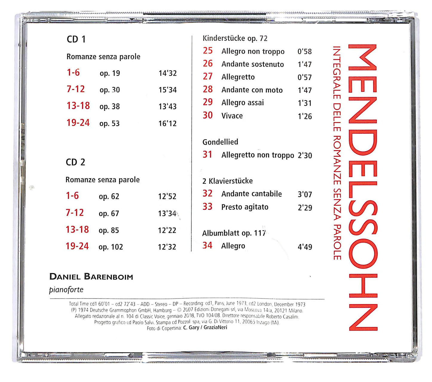 EBOND Mendelssohn / Daniel Barenboim - Romanze Senza Parole CD CD122129