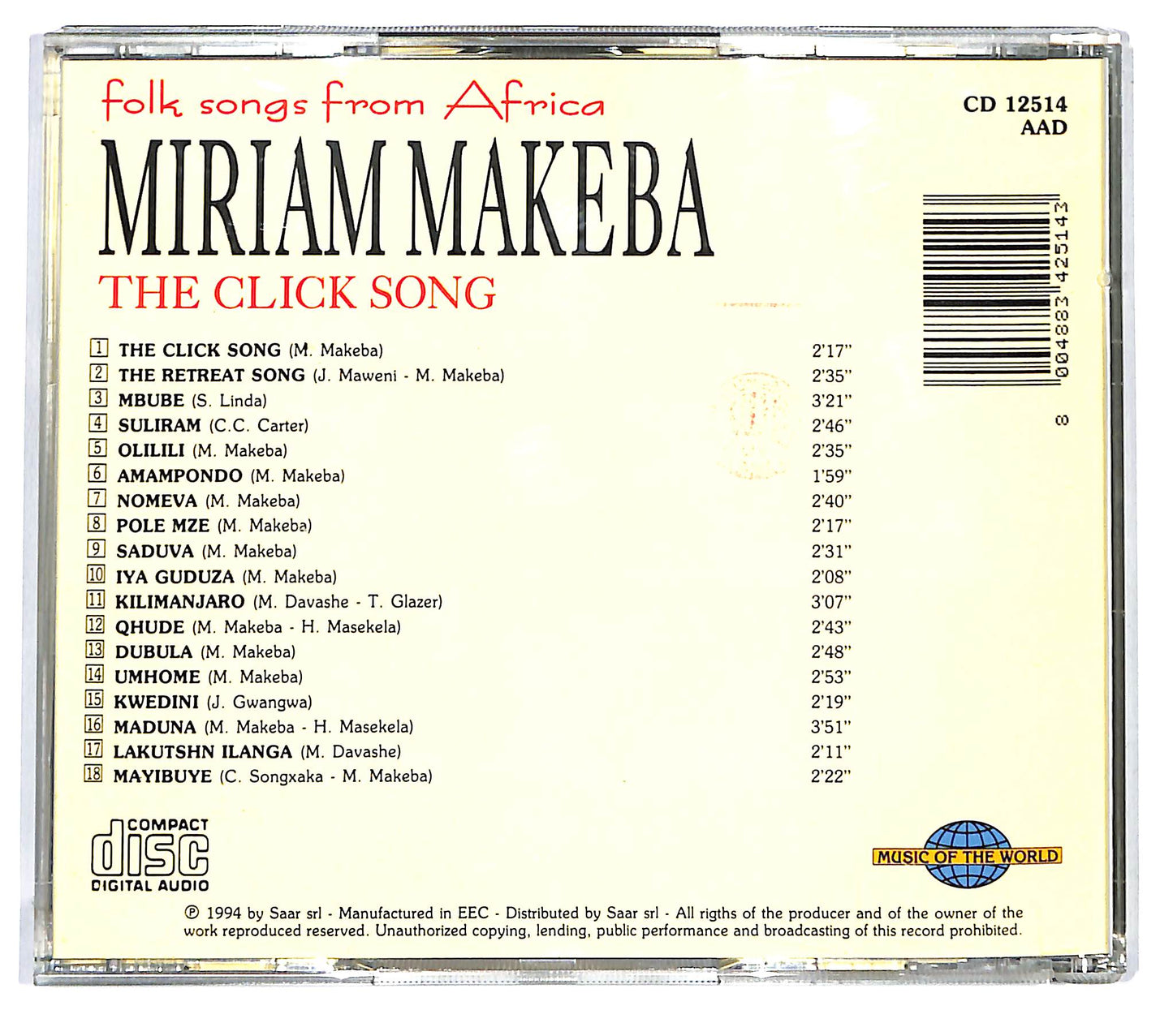 EBOND Miriam Makeba - Folk Song From Africa (The Click Song) CD CD124522