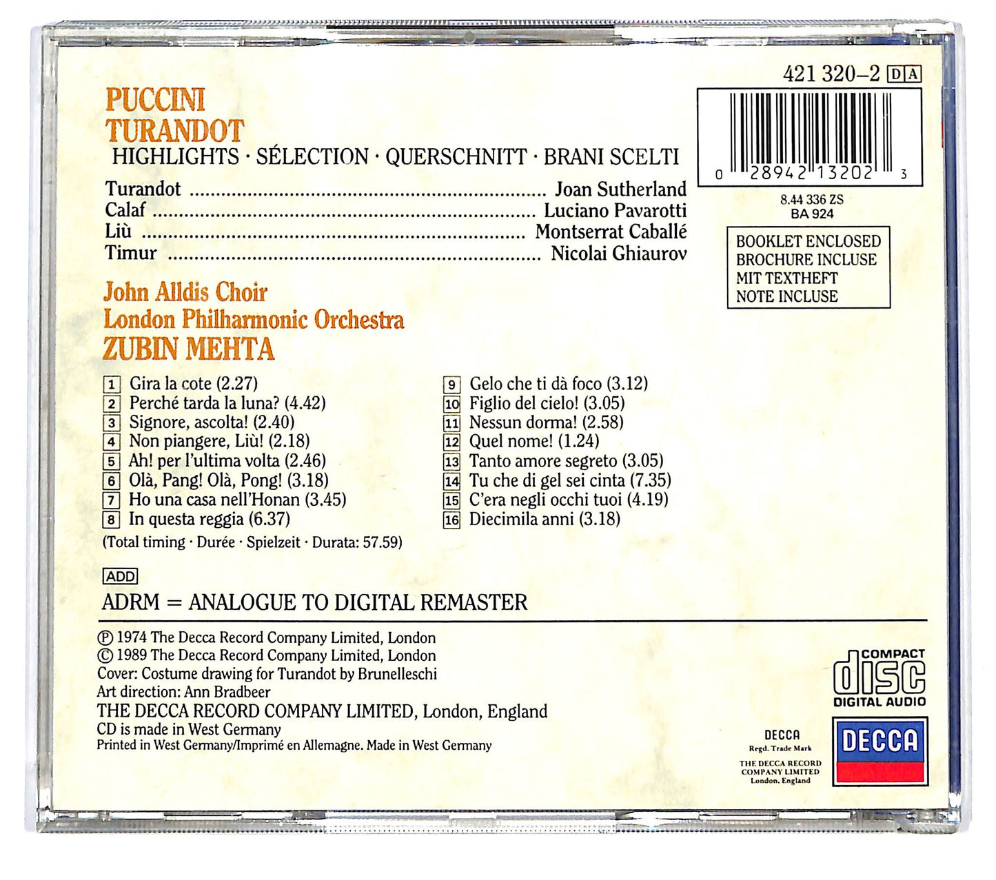 EBOND Puccini , Sutherland , Pavarotti , Caballe - Turandot CD CD125324