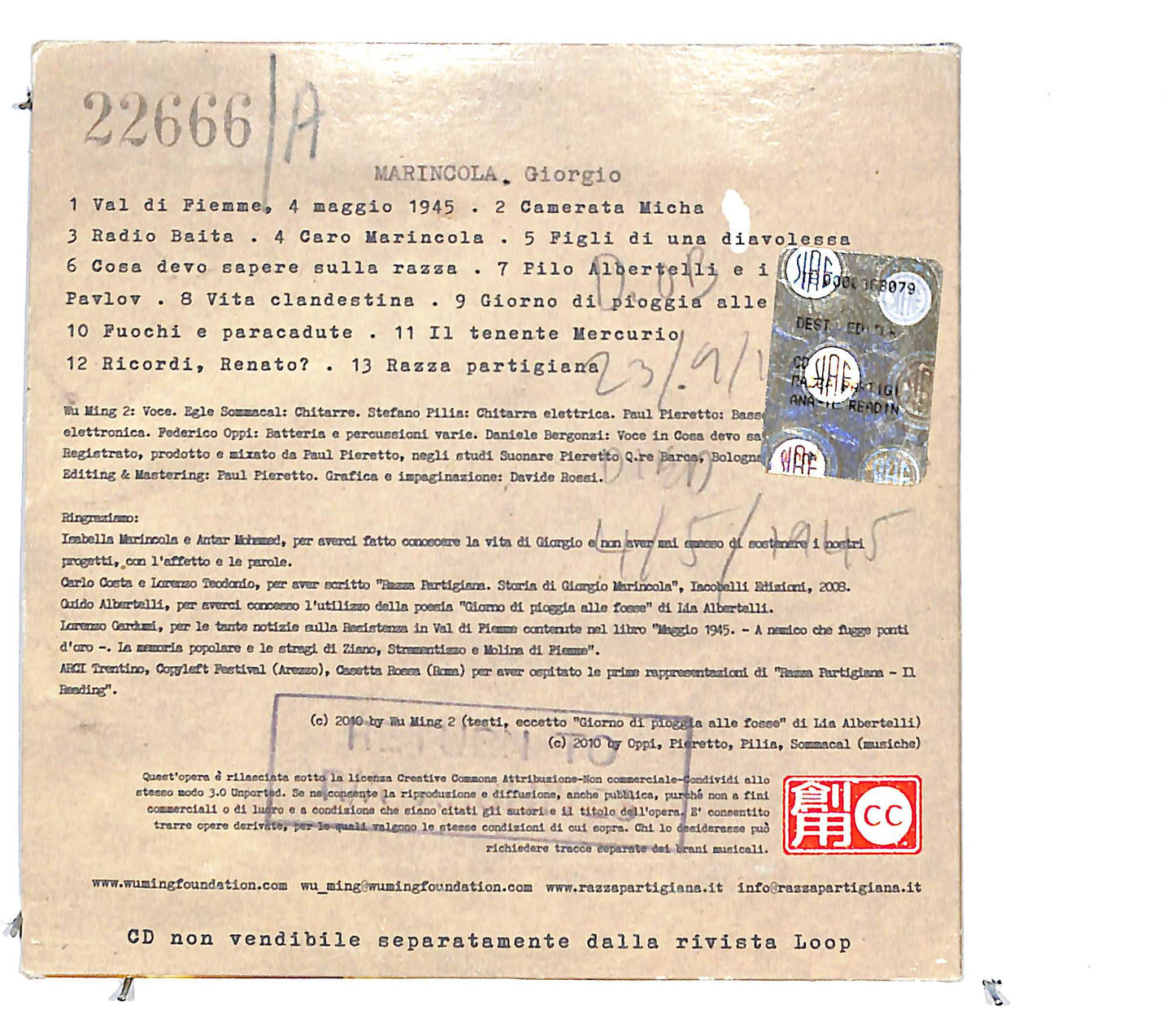 EBOND Wu Ming 2 - Razza Partigiana - Il Reading CD CD131731
