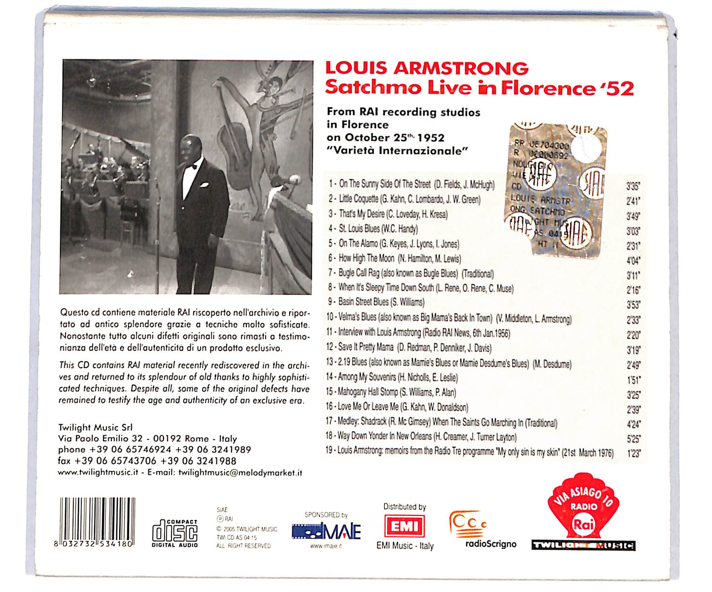 EBOND Louis Armstrong - Satchmo Live In Florence '52 CD CD135405