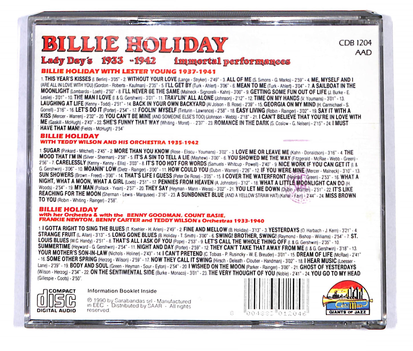 EBOND Billie Holiday - Lady Day's Immortal Performances 1933-1942 CD CD140129