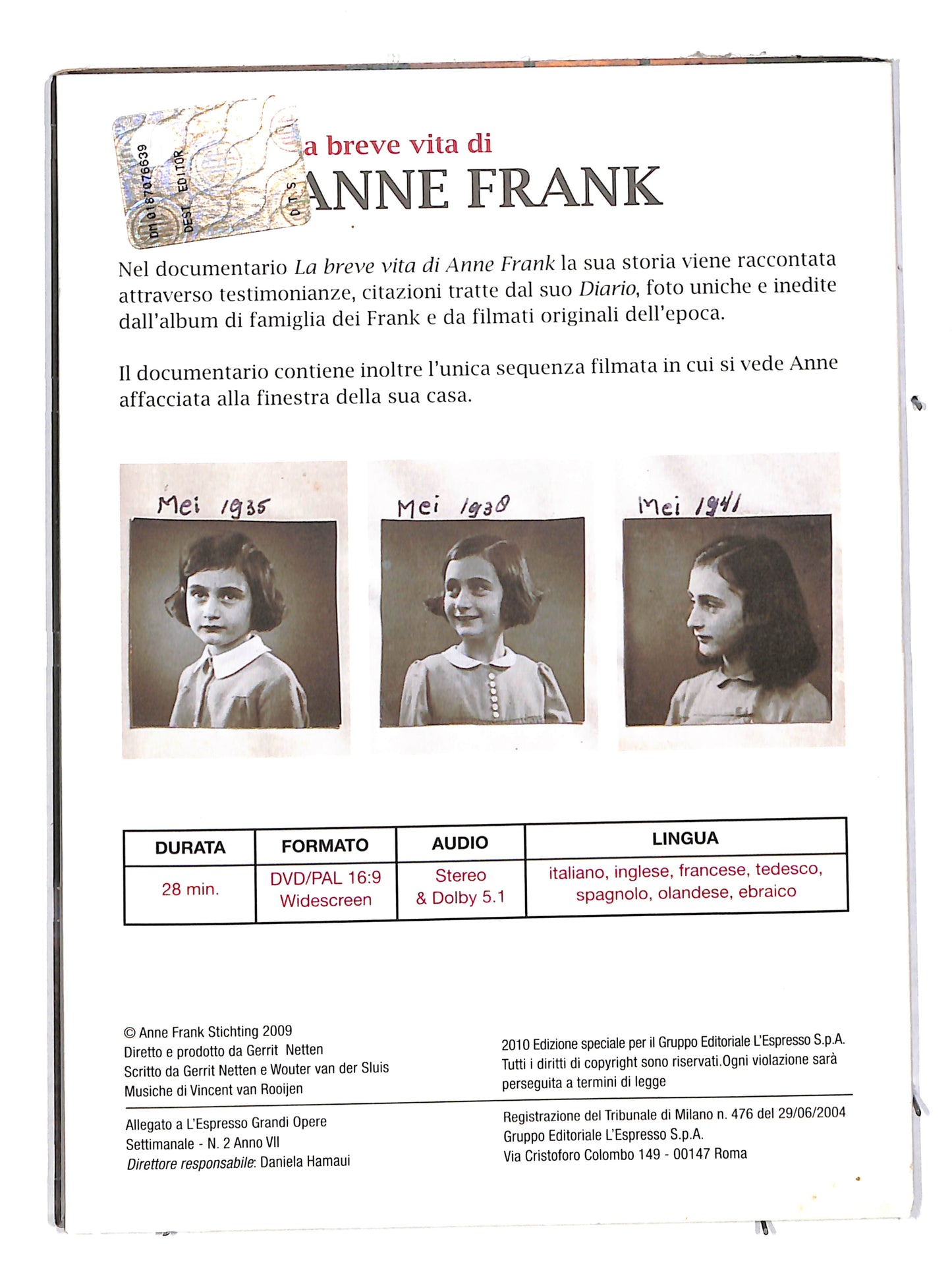 EBOND La breve vita di Anne frank DIGIPACK EDITORIALE DVD DB627331