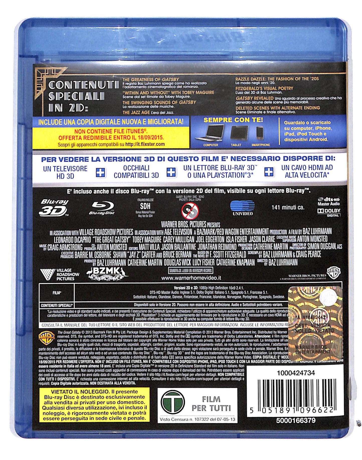 EBOND Il grande Gatsby BLURAY 3D + BLURAY BLURAY DB686471