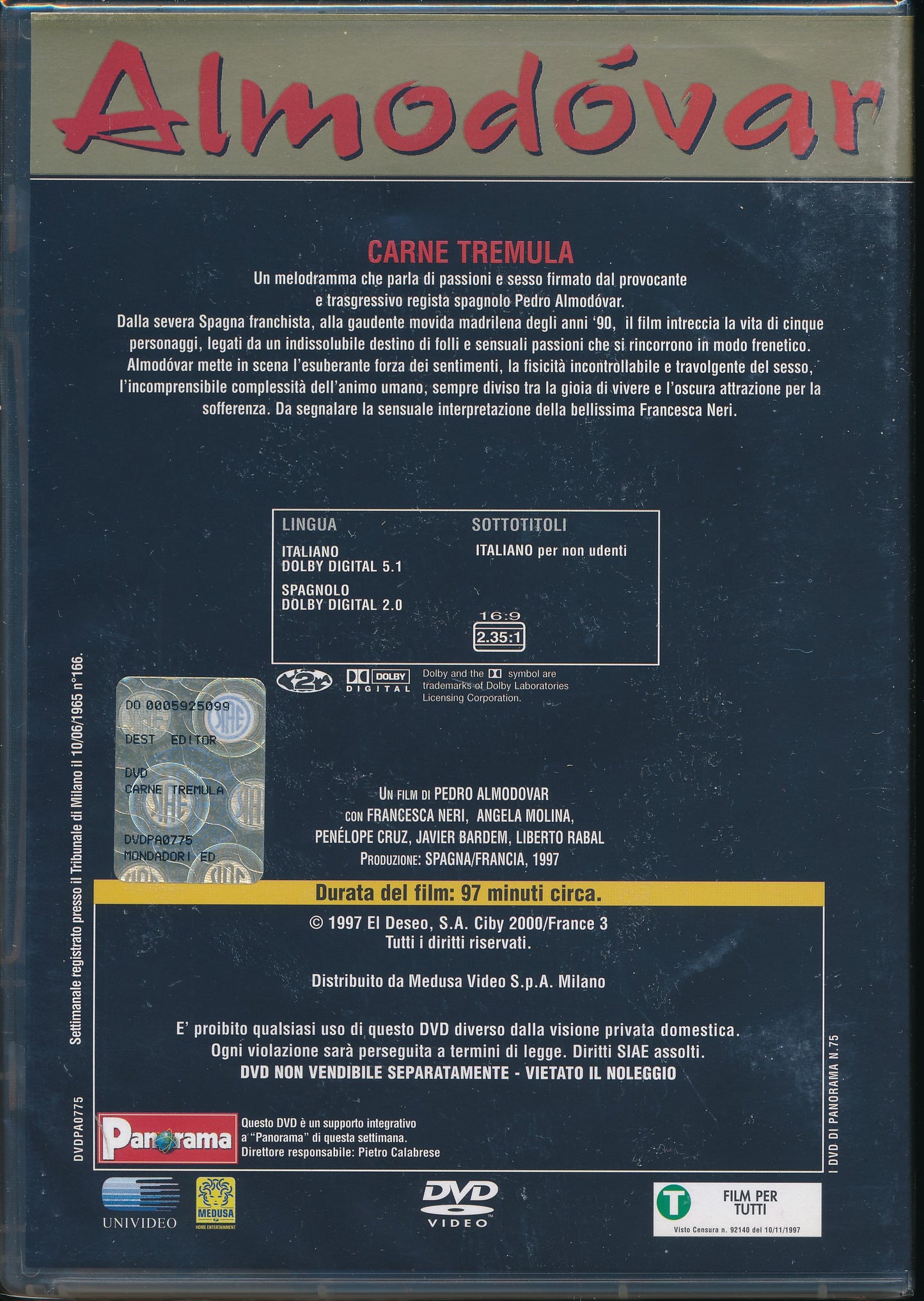EBOND Carne Tremula - Almodovar [Editoriale Panorama] DVD DB713936