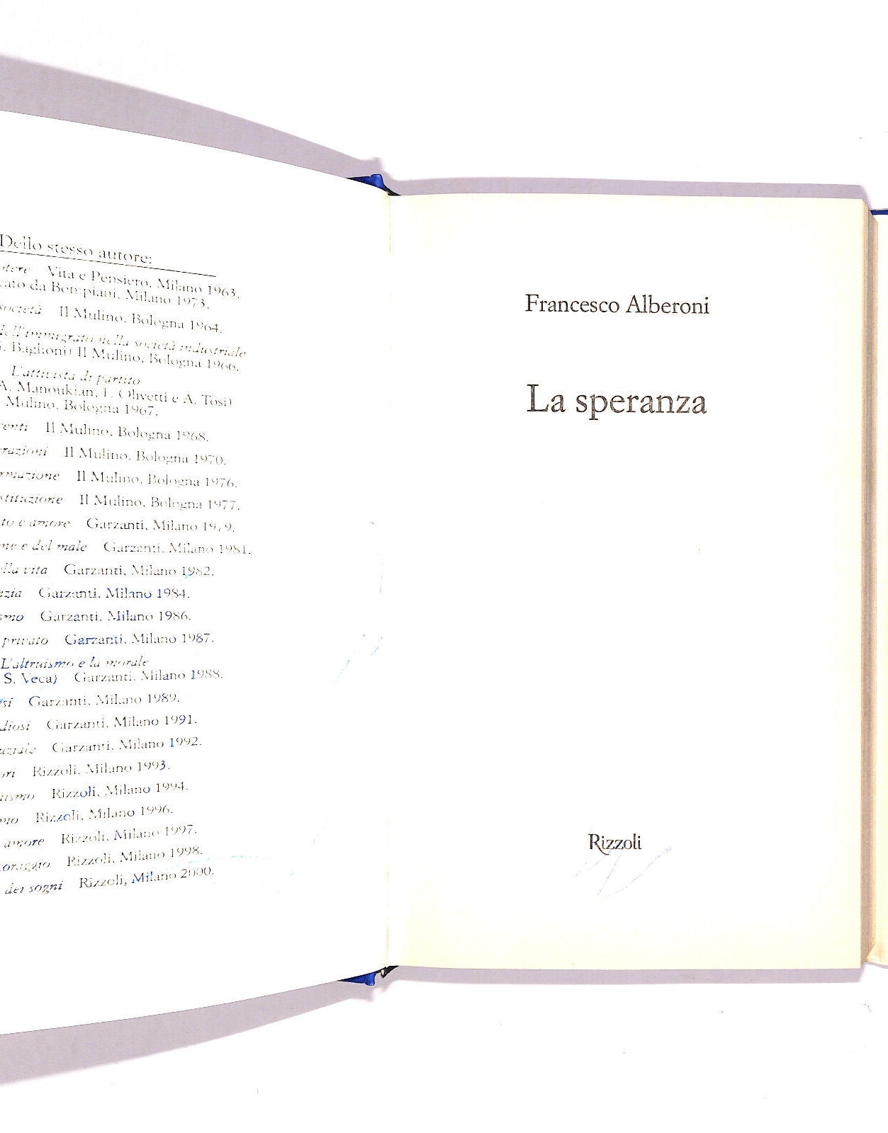 EBOND La Speranza Di Francesco Alberoni 2001 Libro LI020762