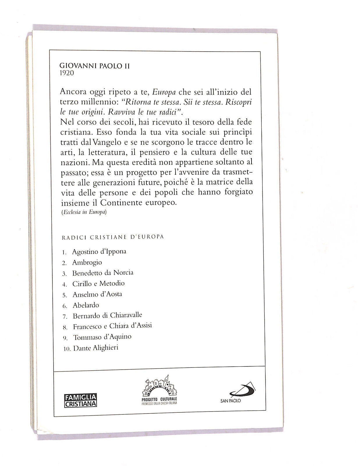 EBOND Giovanni Paolo Ii e L'europa Famiglia Cristiana 2004 Libro LI021164