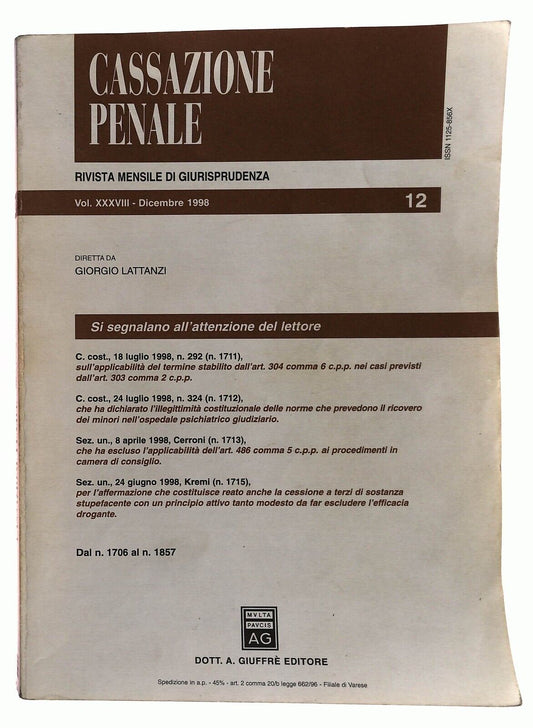 EBOND Cassazione Penale Rivista Mensile Giurisprudenza Dic. 1998 Libro LI030202
