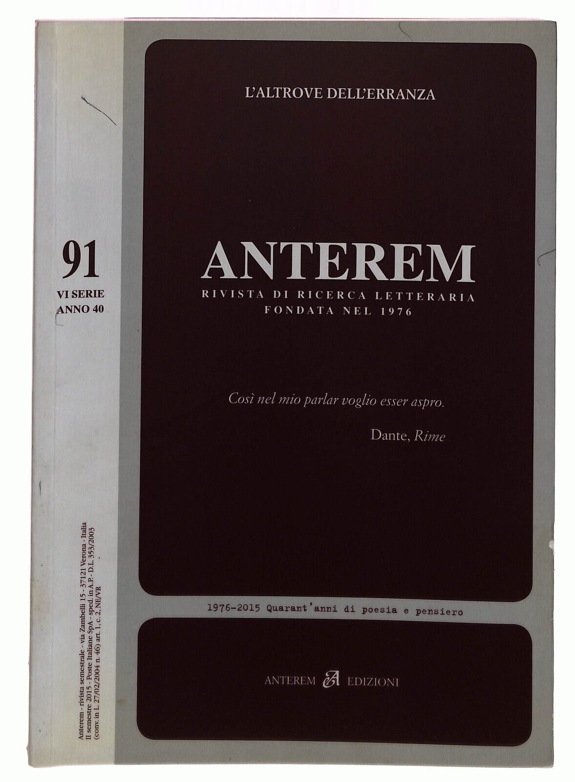 EBOND Anterem 91. L'altrove Dell'erranza 2015 Libro LI036079