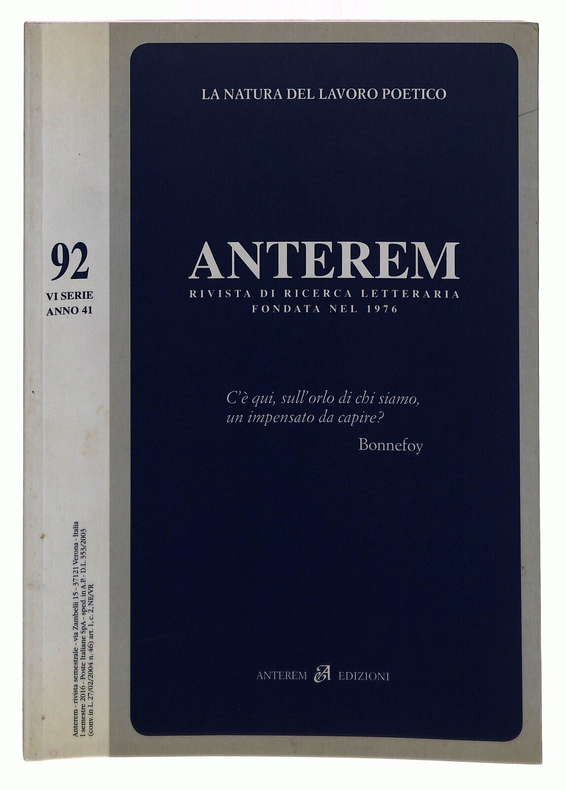 EBOND Anterem 92 La Natura Del Lavoro Poetico 2016 Libro LI036084