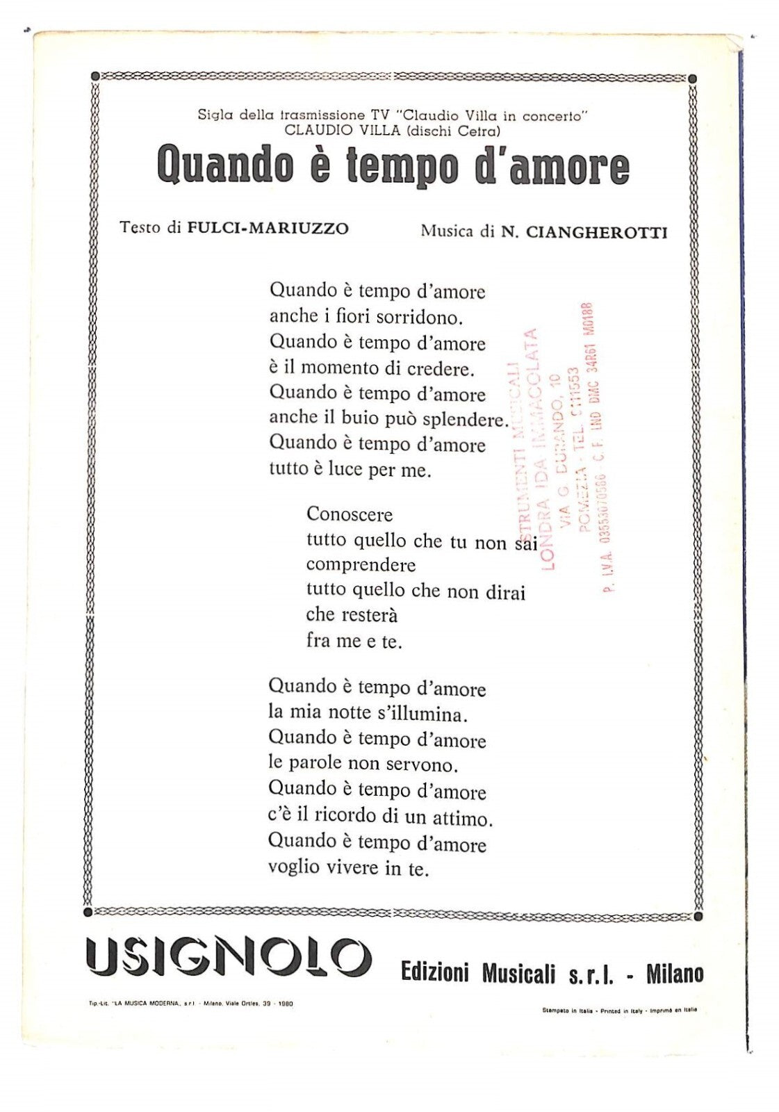EBOND Spartiti - Claudio Villa Quando e Tempo D'amore Libro LI040290