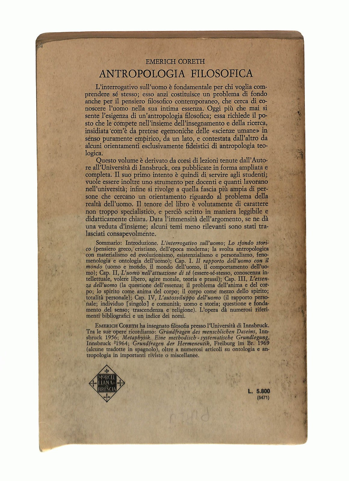 EBOND Antropologia Filosofica Emerich Coreth Morcelliana 1978 Libro LI044504