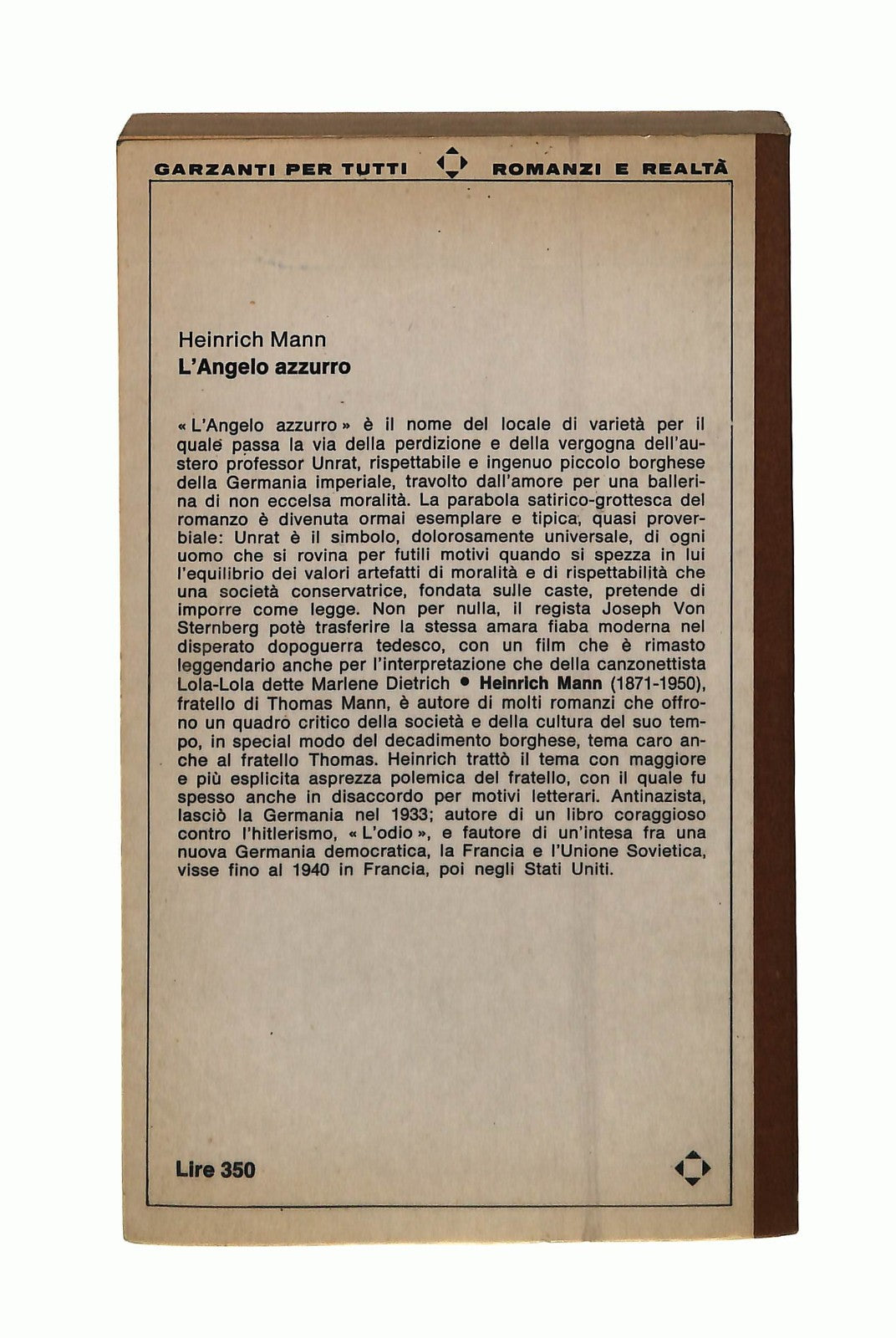 EBOND L Angelo Azzurro Heinrich Mann Garzanti 1966 Libro LI044587