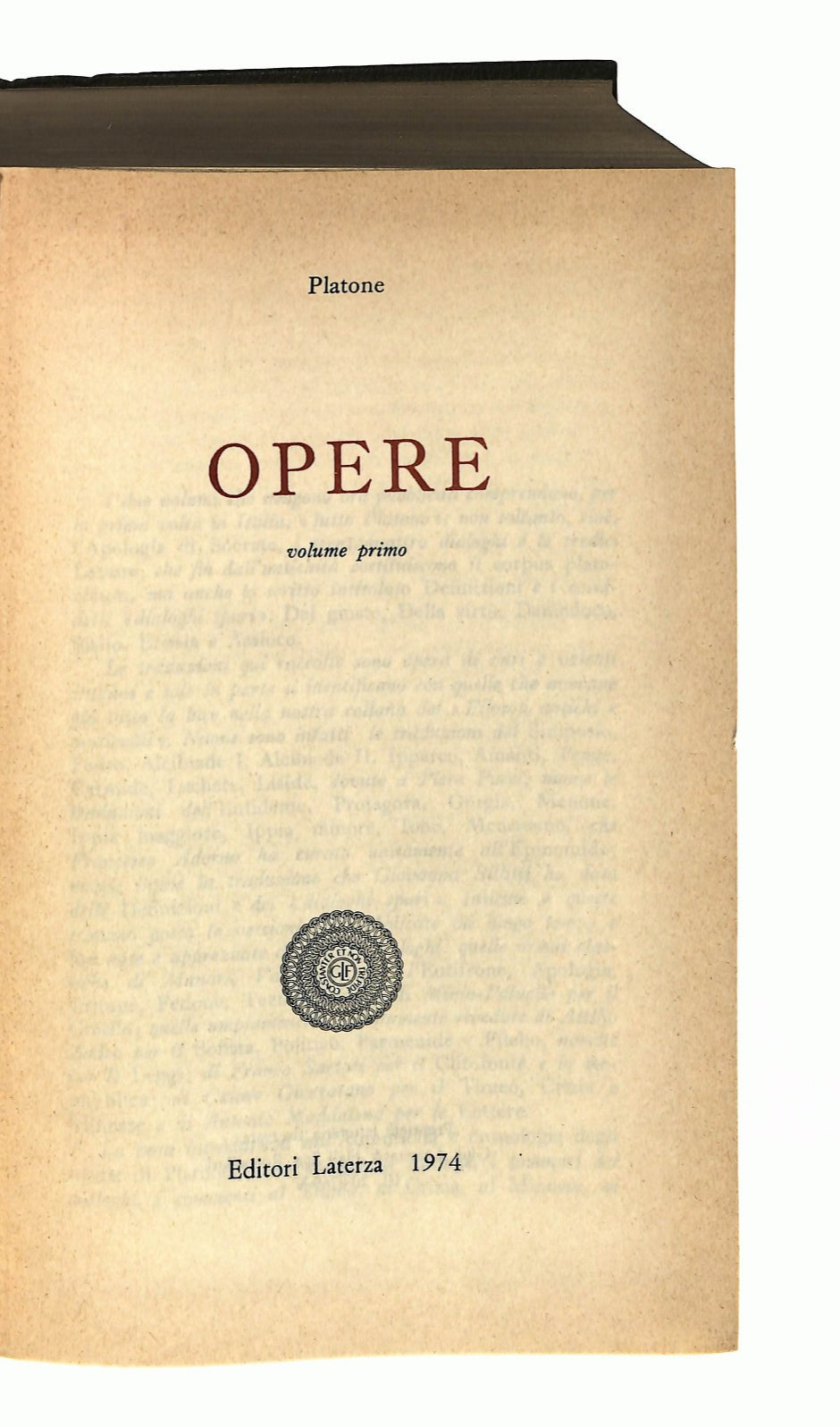 EBOND Opere Vol Primo Platone Laterza 1974 Libro LI047009