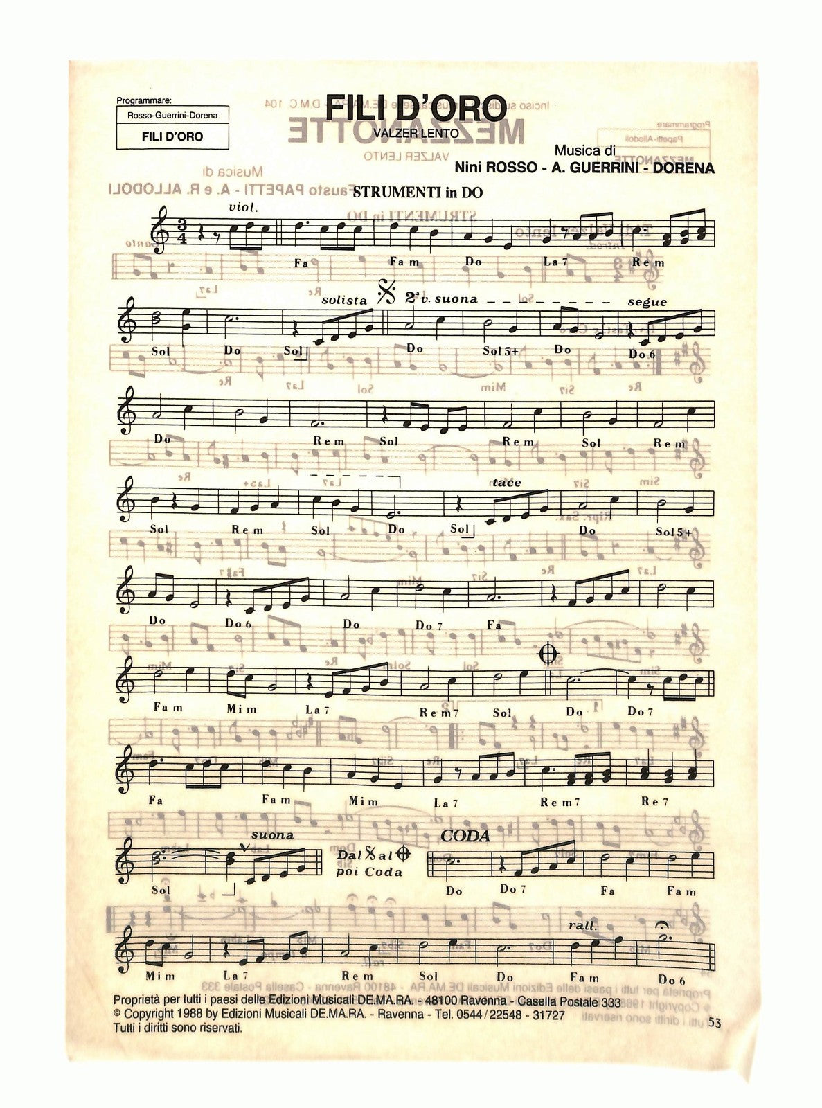 EBOND Fili D Oro Nini Rosso Mezzanotte 1988 Spartito Con 2 Fogli Libro LI049414