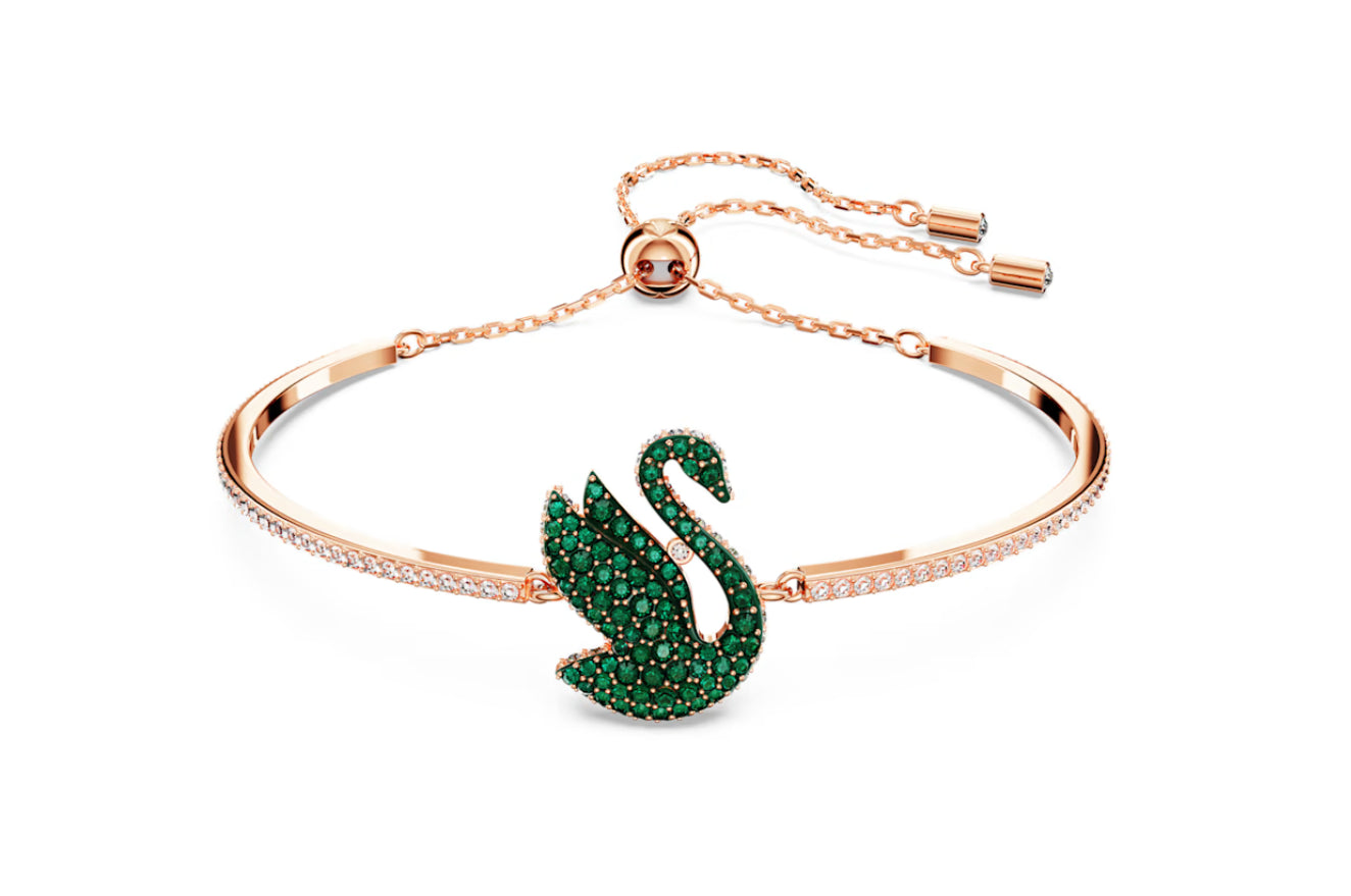 Swarovski 5650065 Bracciale rigido Iconic Swan Cigno Verde Placcato Oro Rosa