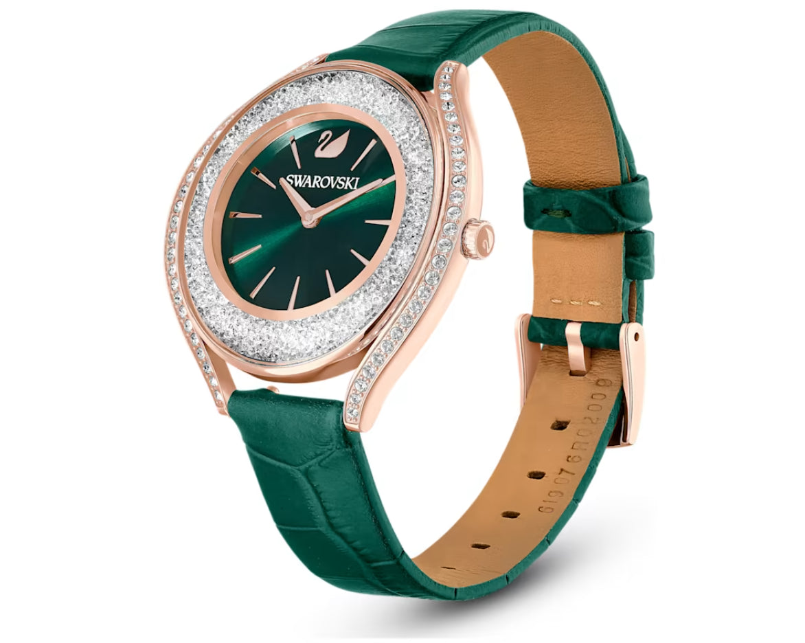 Swarovski 5644078 Orologio Crystalline Aura Cinturino pelle Verde Fin. Oro Rosa