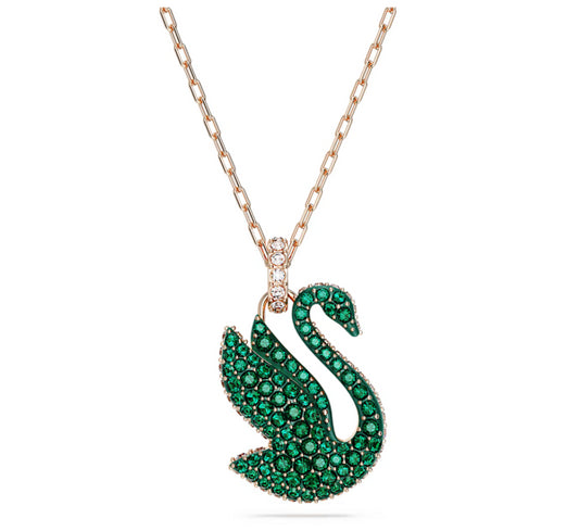 Swarovski 5650067 Pendente Iconic Swan Cigno Medio Verde Placcato Oro Rosa