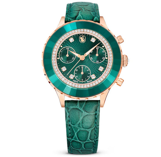 Swarovski 5672931 Orologio Octea Chrono Cinturino in pelle Verde Oro Rosa