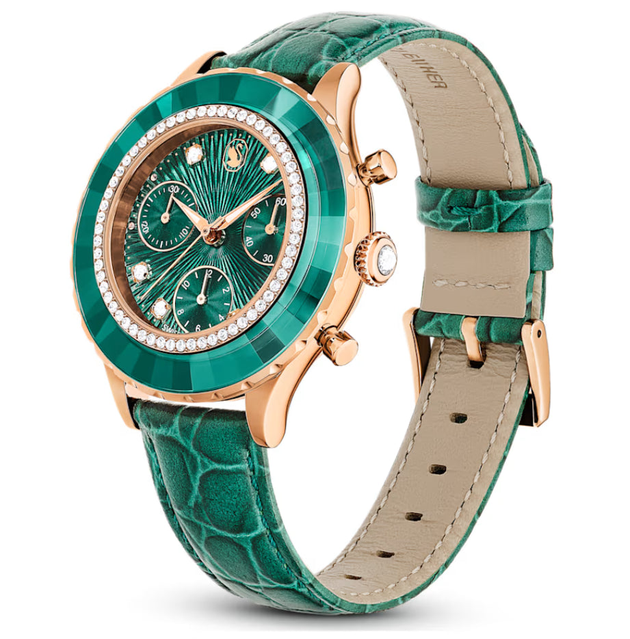 Swarovski 5672931 Orologio Octea Chrono Cinturino in pelle Verde Oro Rosa