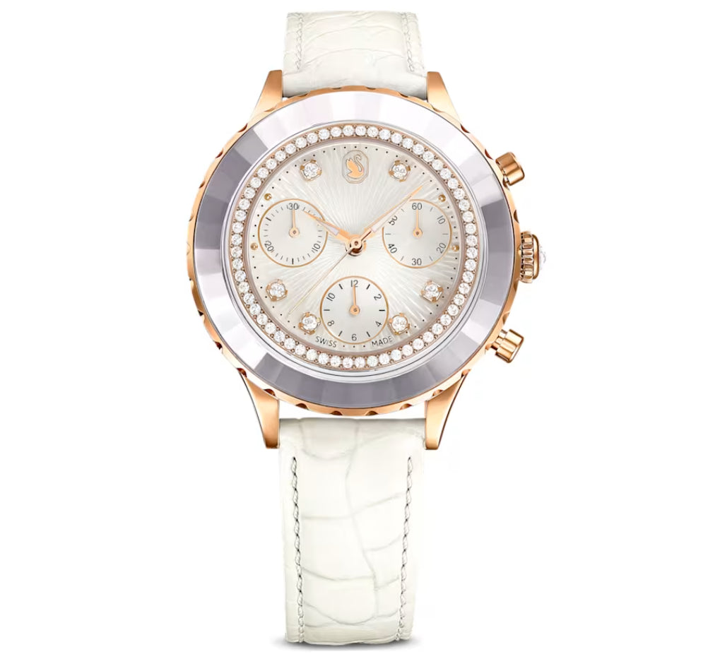 Swarovski 5671150 Orologio Octea Chrono Cinturino in pelle Bianco Oro Rosa