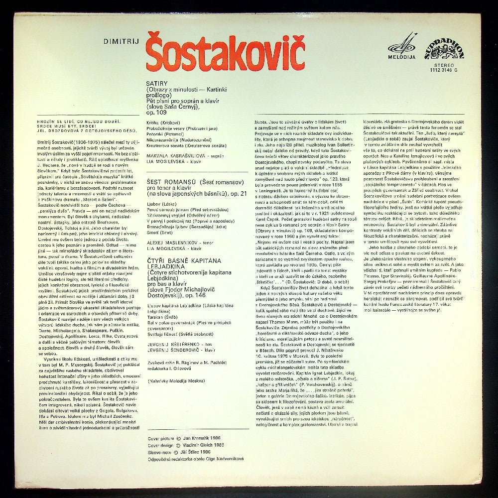 EBOND Dmitrij Sostakovič - Satiry / Sest Romansů / Čtyři Basně Kapitana Lebjadkina Vinile V023100