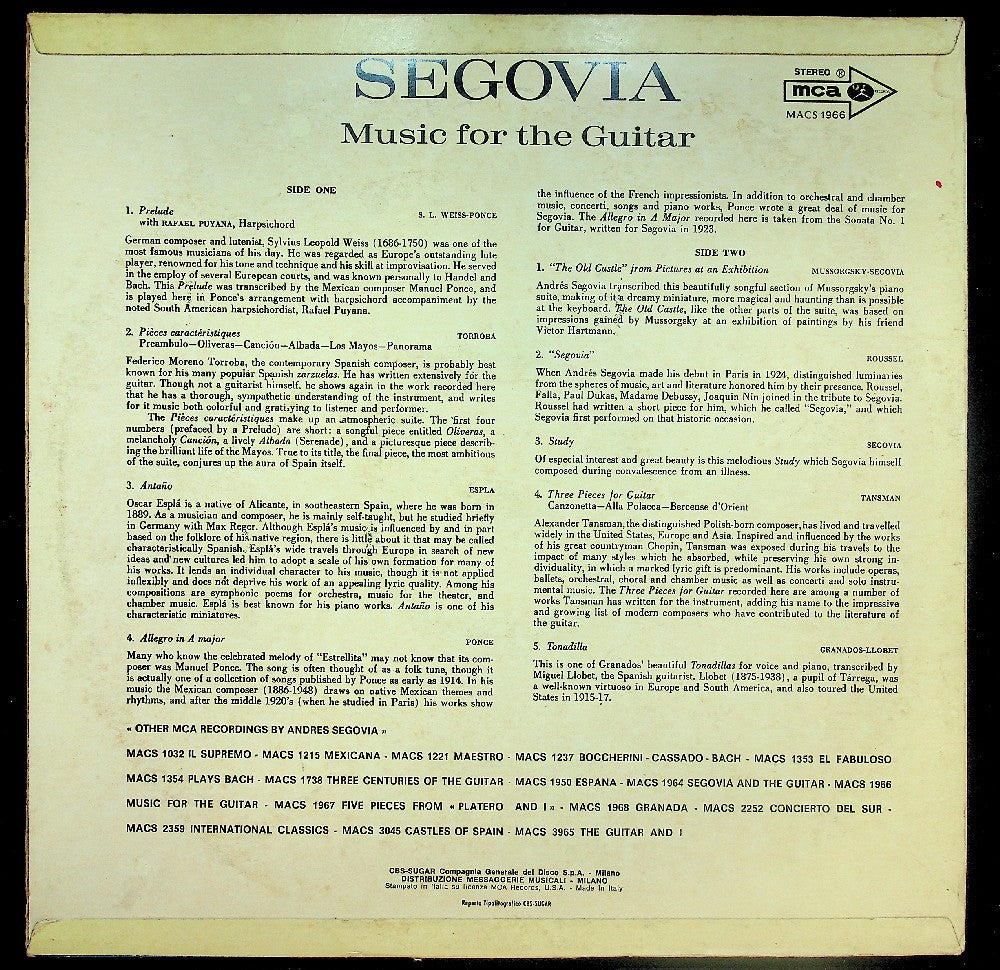 EBOND Andres Segovia - Music For The Guitar Vinile V042121