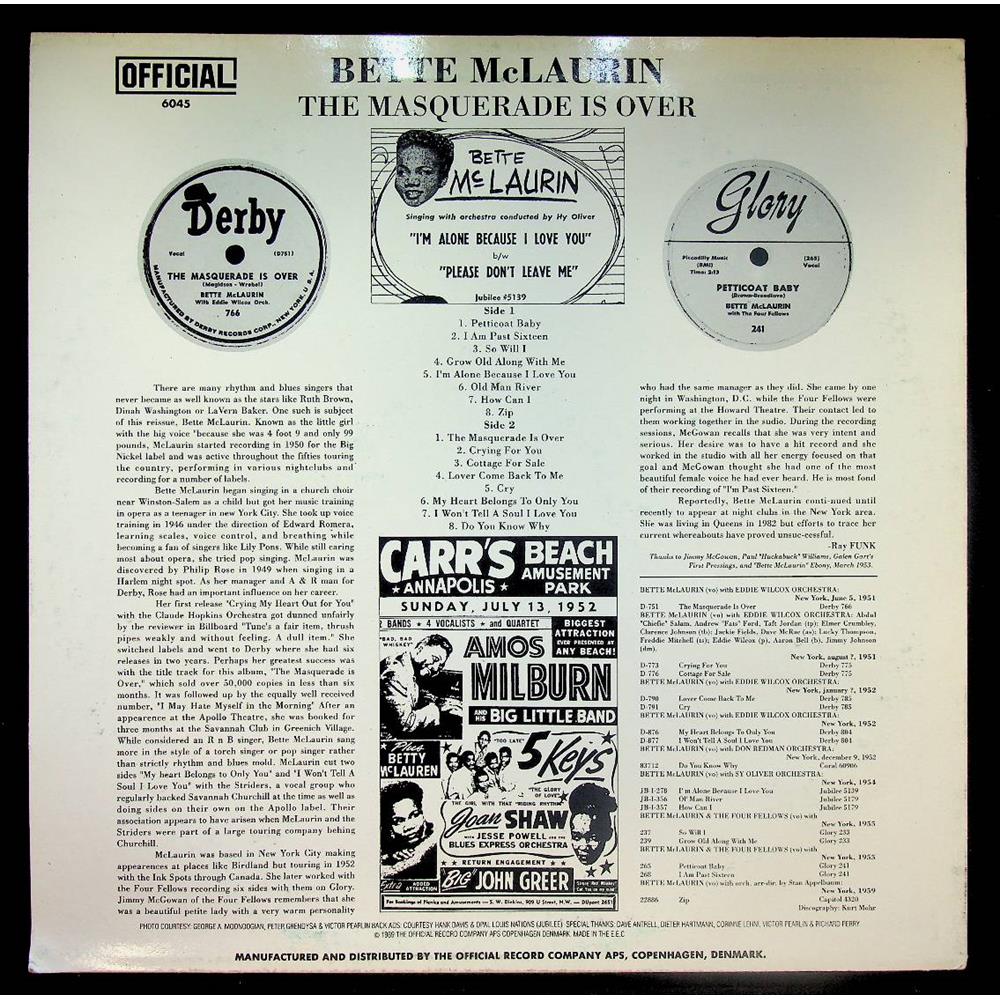 EBOND Bette McLaurin - The Masquerade Is Over Vinile V056102