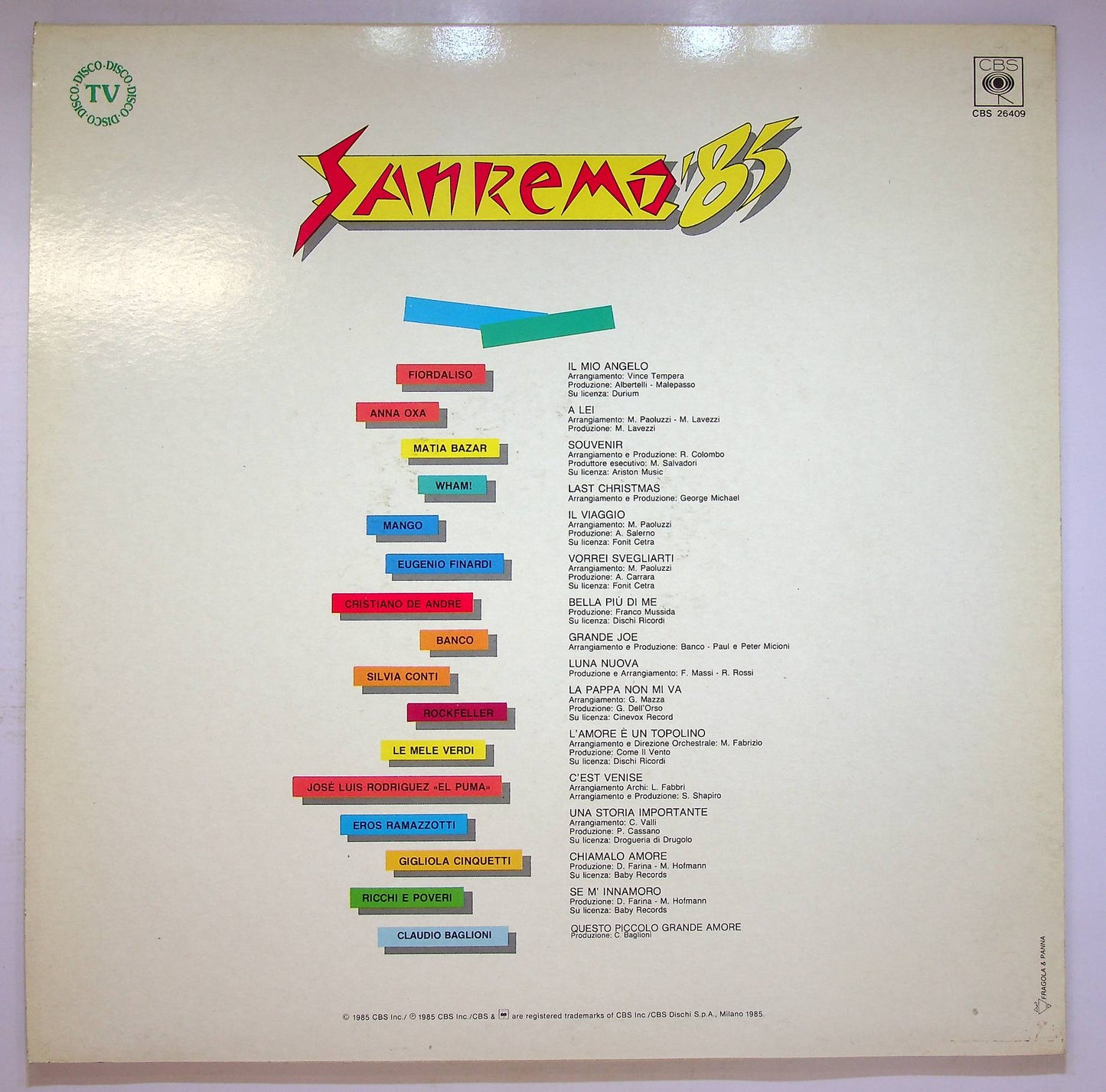 EBOND Various - Sanremo '85 Vinile V069038
