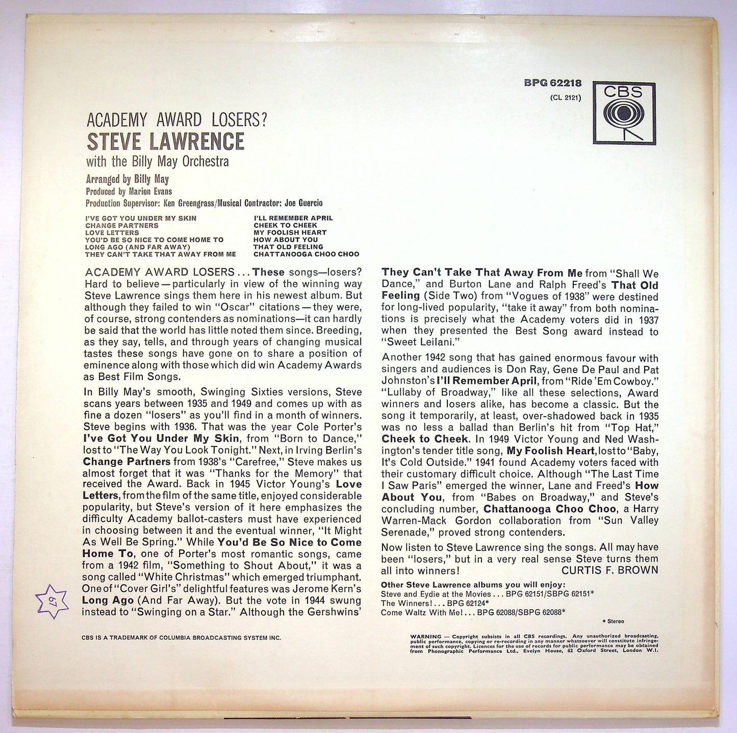 EBOND Steve Lawrence - Academy Award Losers? Vinile V071129