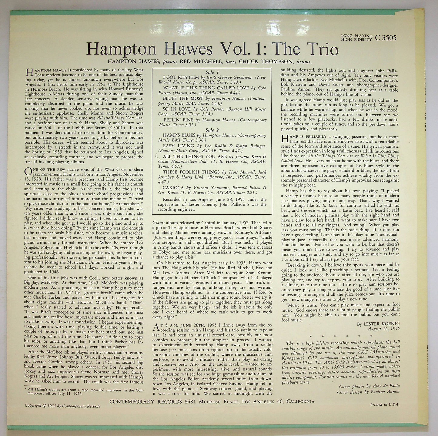EBOND Hampton Hawes Trio - Hampton Hawes Vol. 1: The Trio Vinile V072001