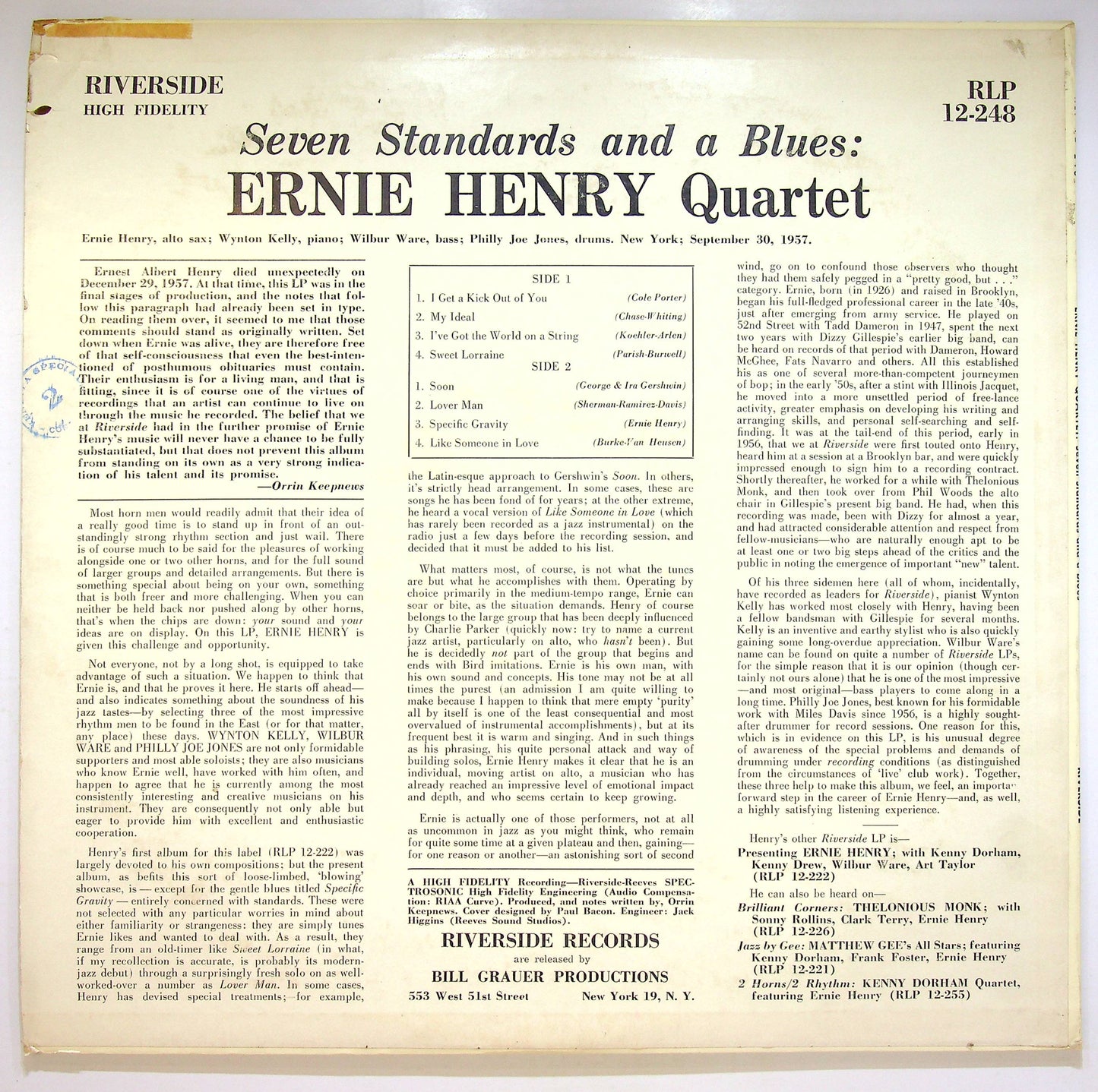 EBOND Ernie Henry Quartet - Seven Standards And A Blues Vinile V073034
