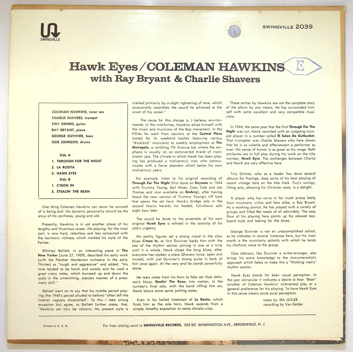 EBOND Coleman Hawkins with R. Bryant & C. Shavers - Hawk Eyes Vinile V073055