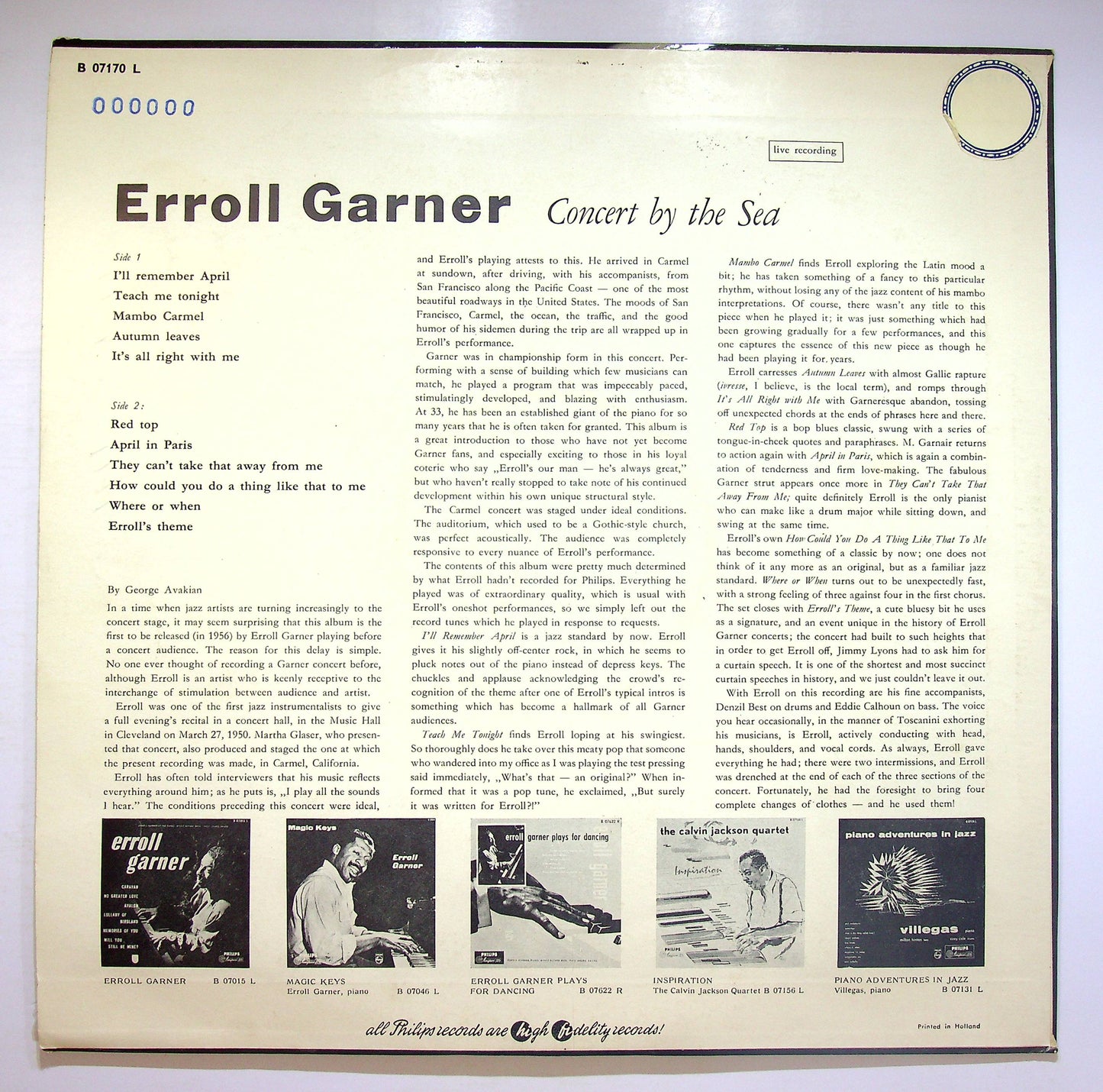 EBOND Erroll Garner - Concert By The Sea Vinile V075019