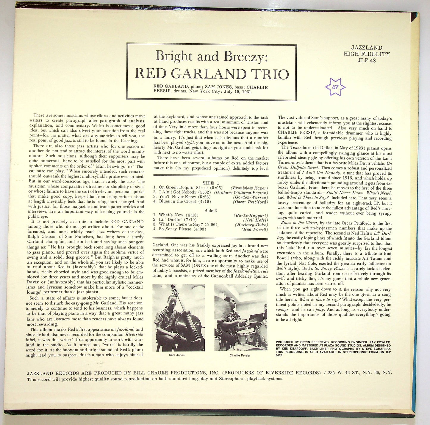 EBOND The Red Garland Trio - Bright And Breezy Vinile V075022