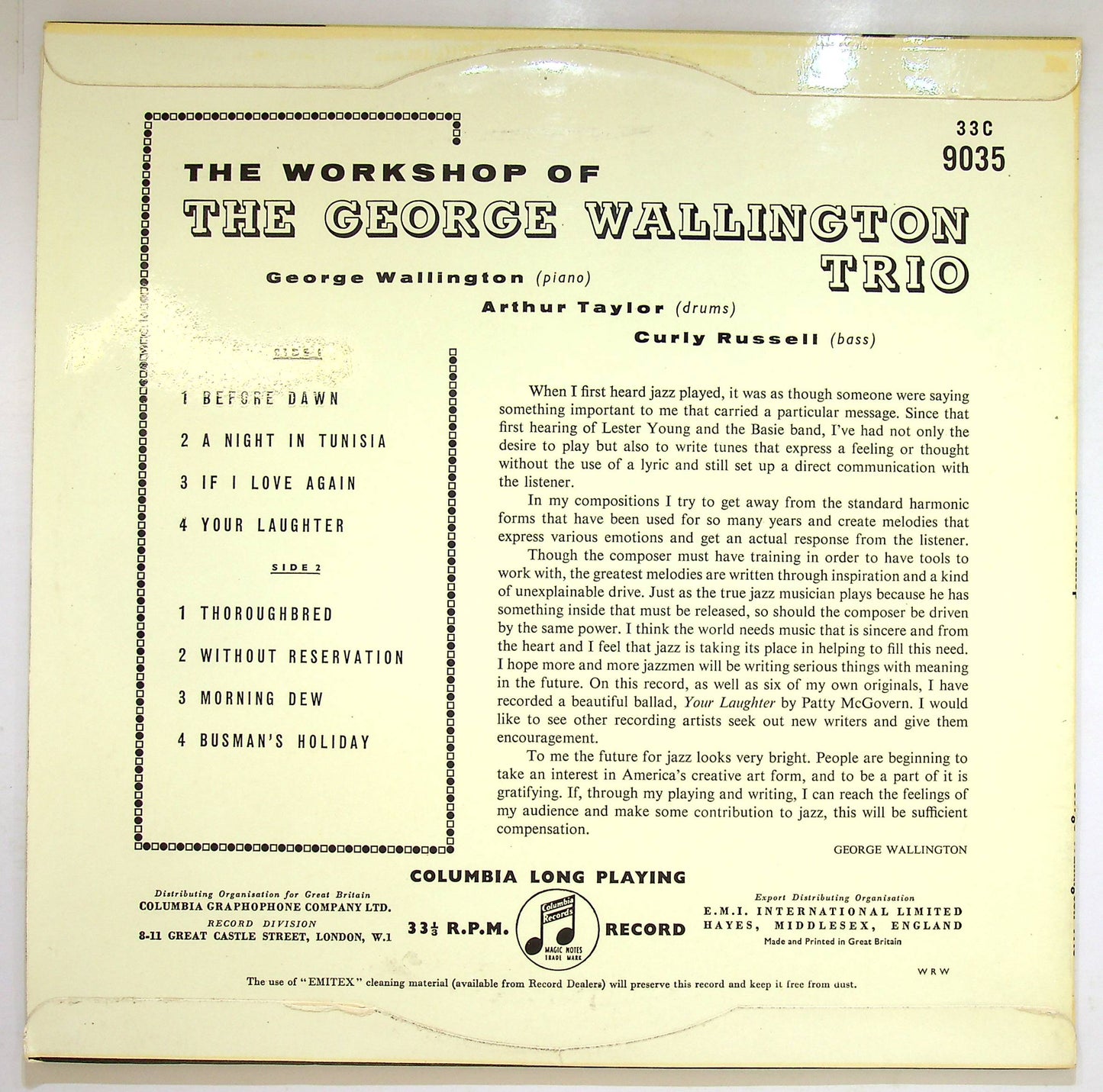 EBOND The Workshop Of The George Wallington Trio Vinile V075068