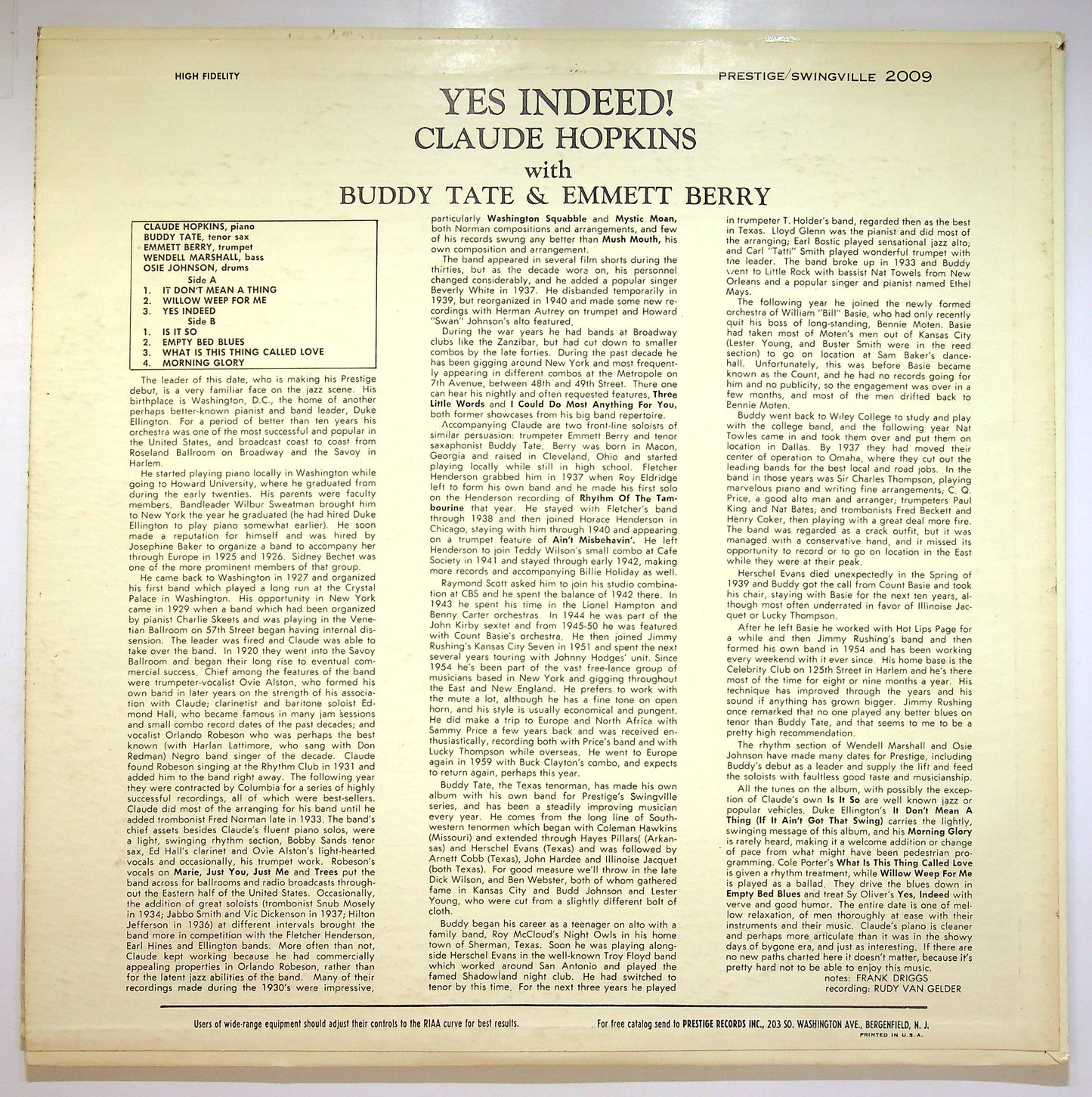 EBOND Claude Hopkins With Buddy Tate , Emmett Berry - Yes Indeed! Vinile V075113