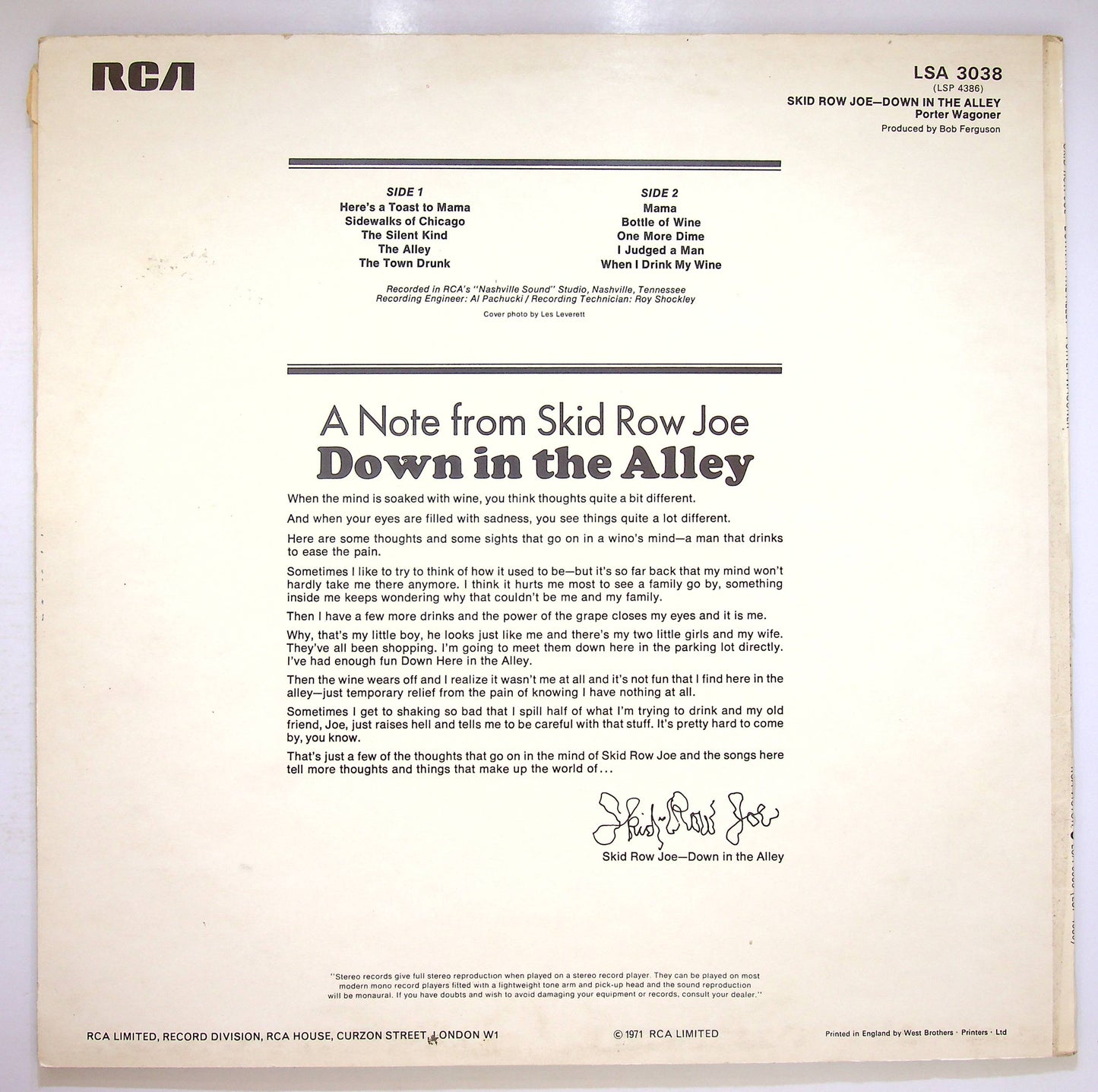 EBOND Porter Wagoner - Skid Row Joe Down In The Alley Vinile V081035