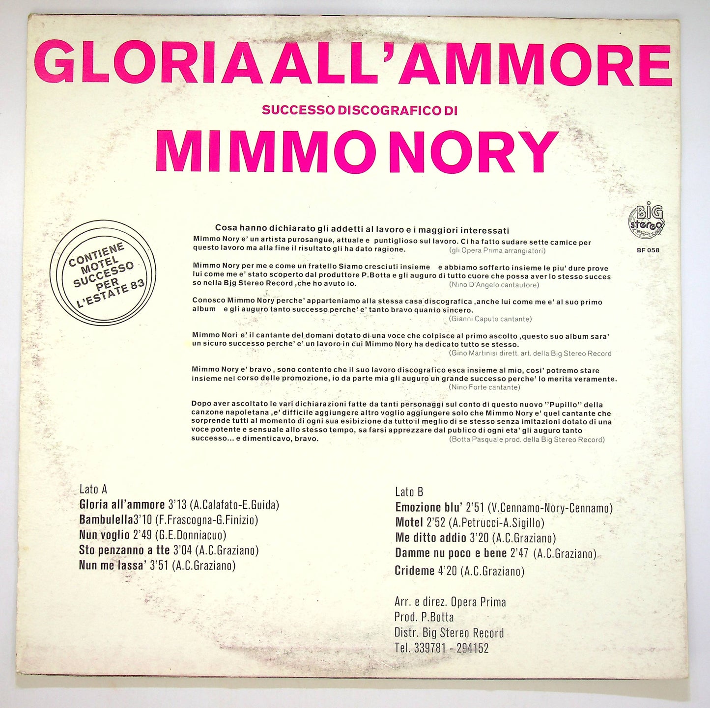 EBOND Mimmo Nory - Gloria All'Ammore Vinile V083093