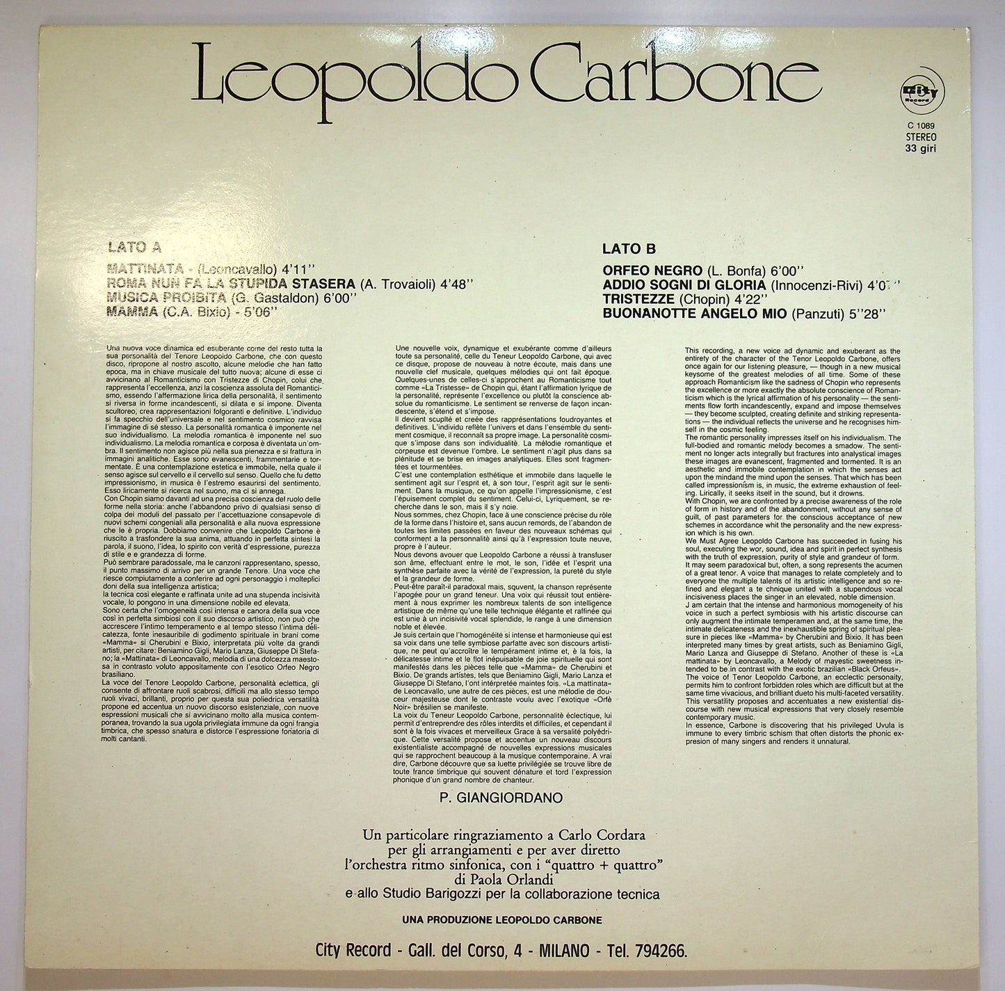 EBOND Leopoldo Carbone - Leopoldo Carbone Vinile V084081