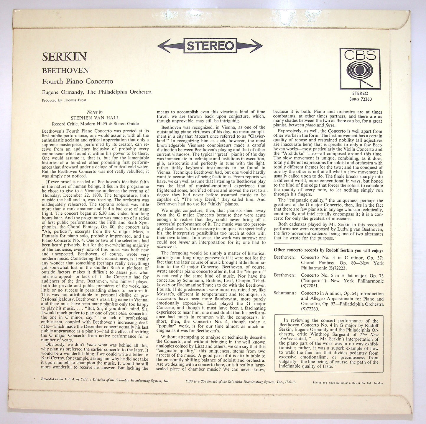 EBOND Serkin , Beethoven - Fourth Piano Concerto Vinile V106137