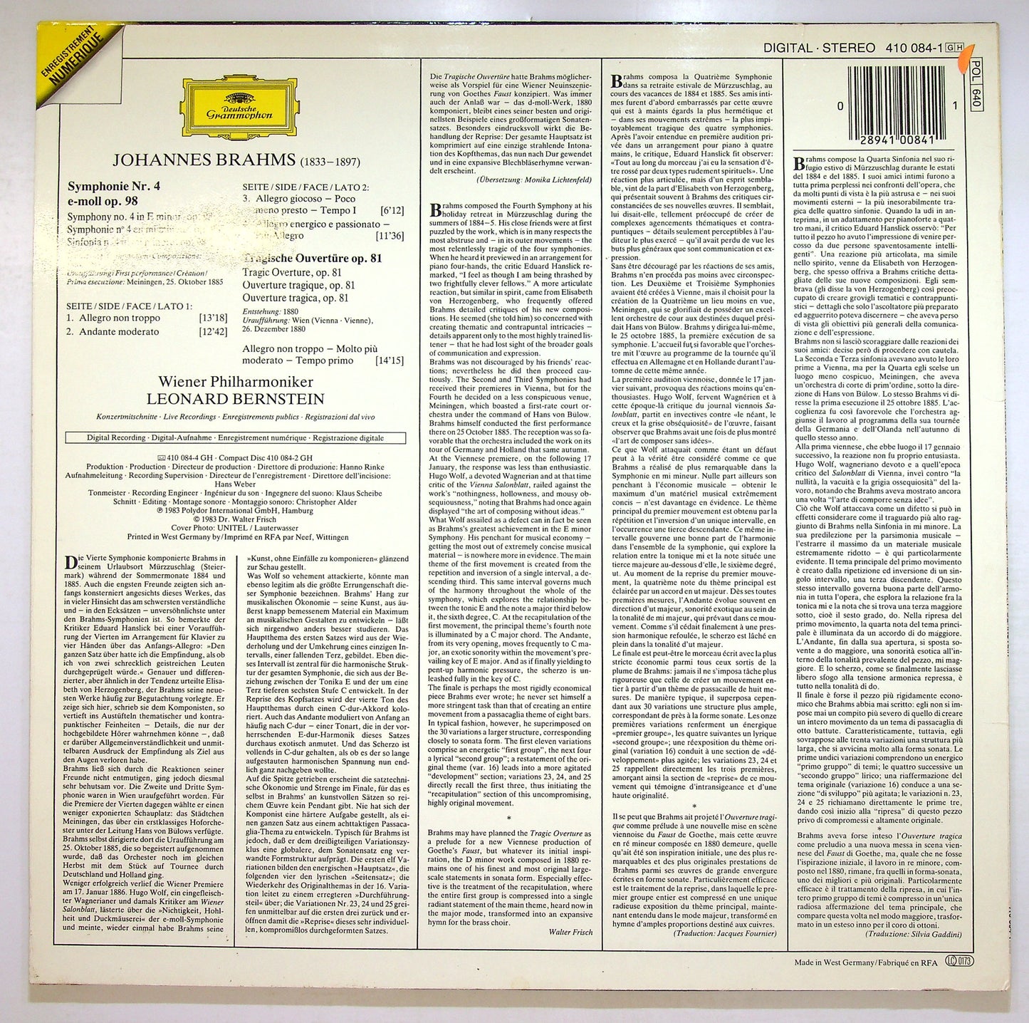 EBOND Brahms - Symphonie N°4 / Ouverture Tragique Vinile V107132