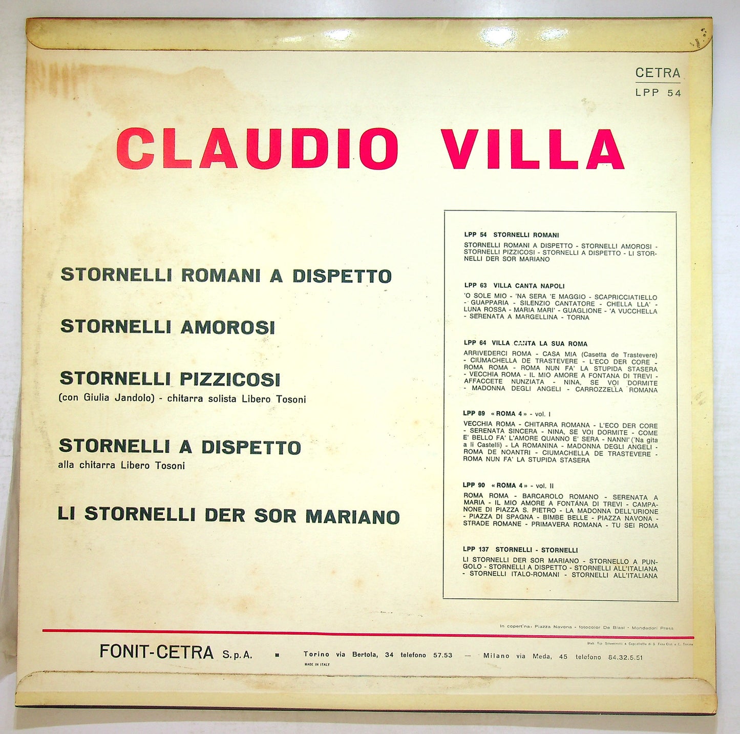 EBOND Claudio Villa - Stornelli Romani Vinile V109032