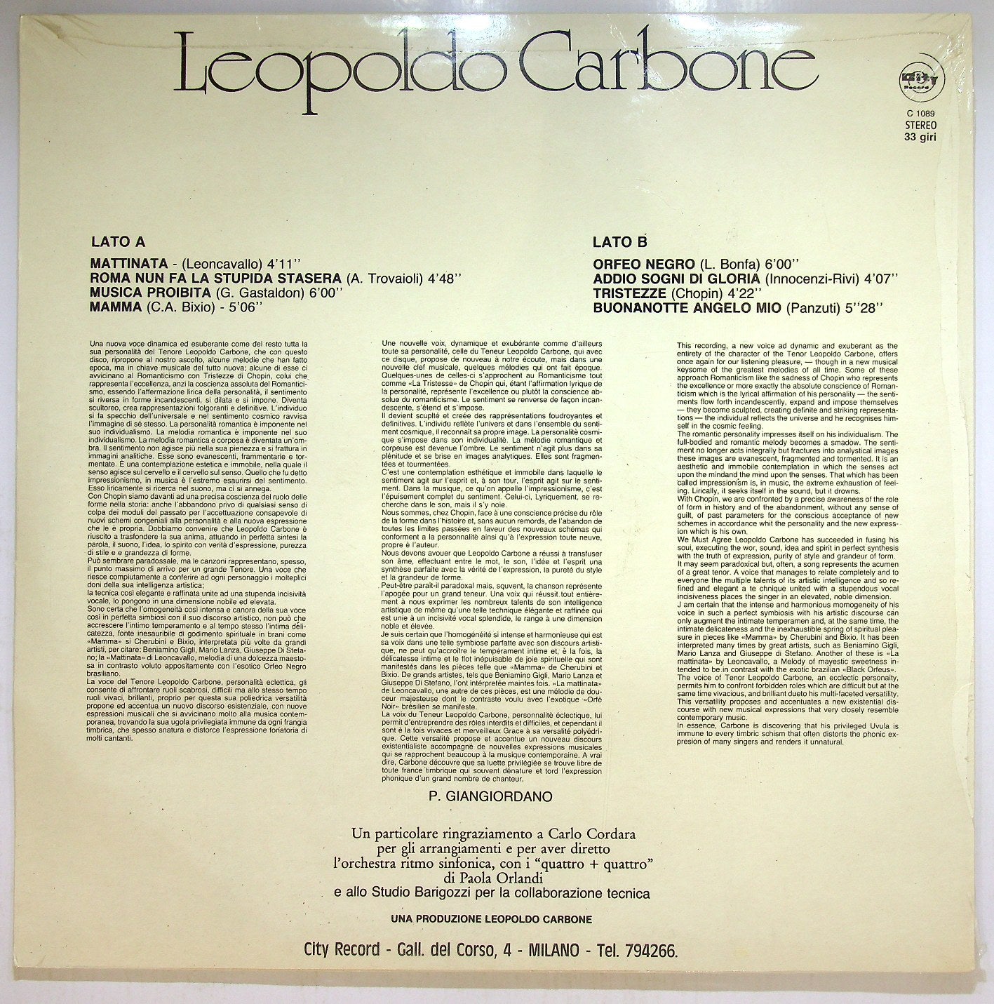 EBOND Leopoldo Carbone - Leopoldo Carbone Vinile V113039