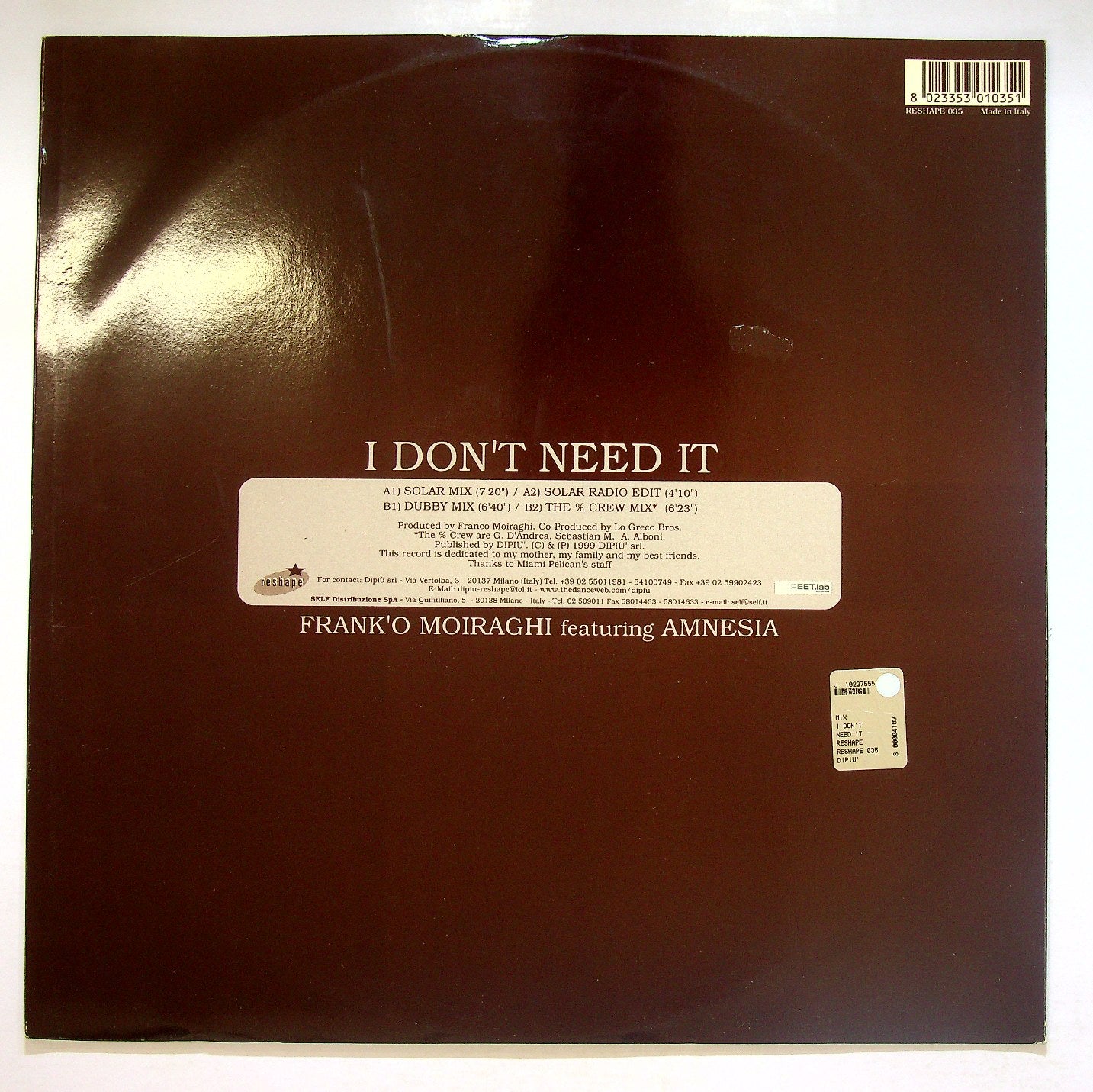 EBOND Frank 'O Moiraghi - I Don't Need It Vinile V114009