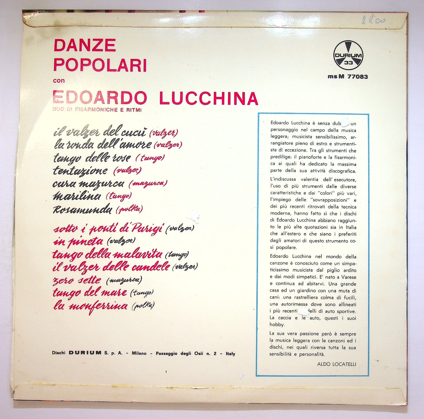 EBOND Edoardo Lucchina - Danze Popolari Vinile V124009