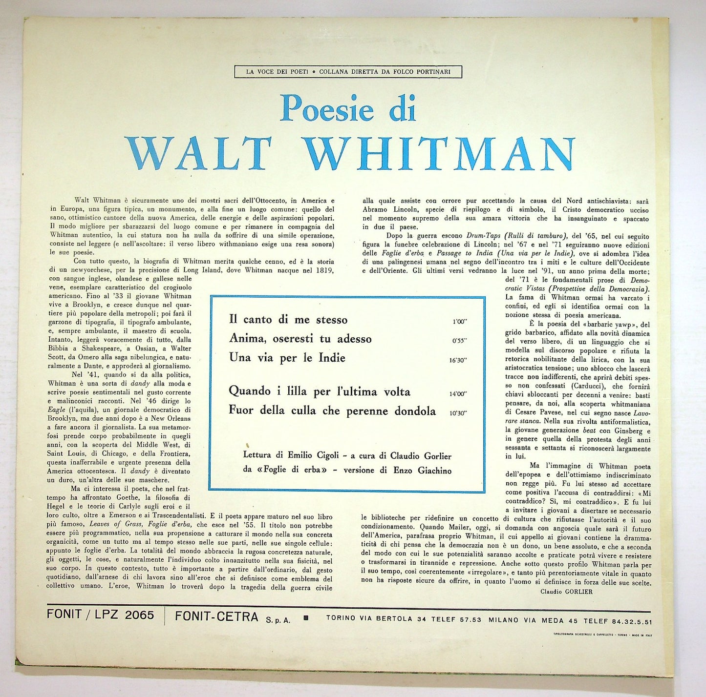 EBOND Poesia di Walt Whitman Vinile V126015